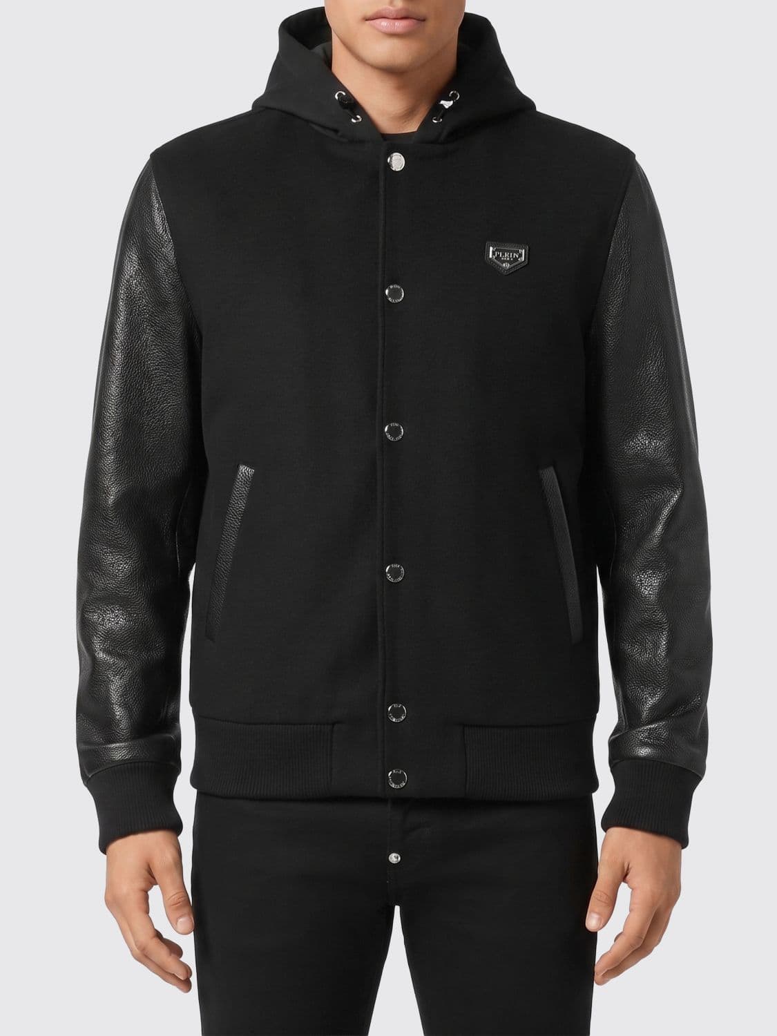 Philipp Plein Lambskin Leather Bomber Jacket with Hood and Button Closure · XL