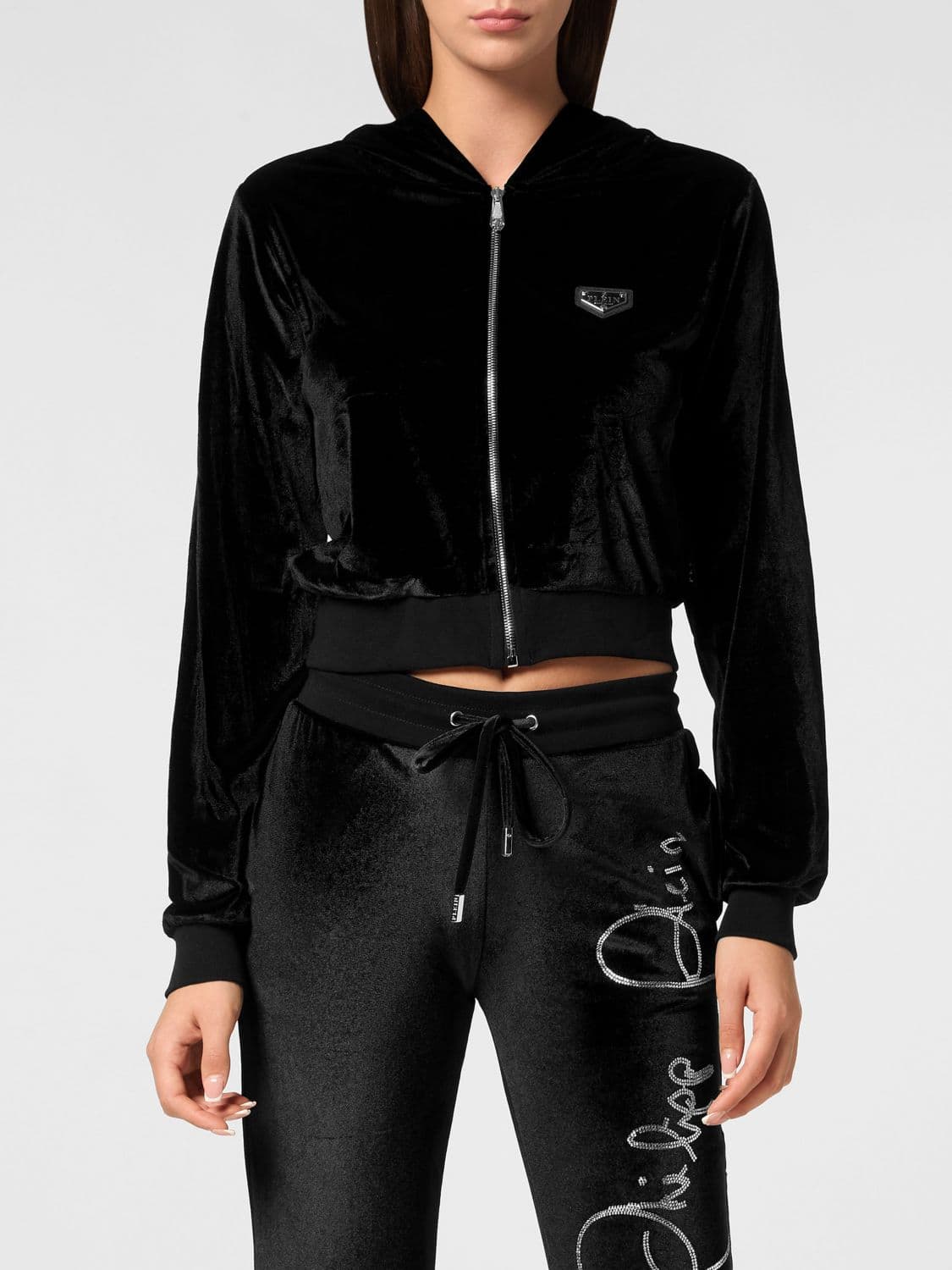 Philipp Plein Cropped Velvet Zip-Up Hoodie with Rhinestone Logo Detail
