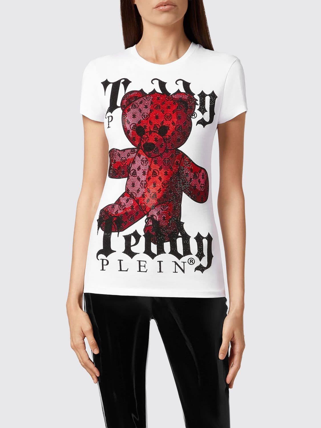 Philipp Plein Slim Fit Jersey T-shirt with Rhinestone Teddy Bear Graphic