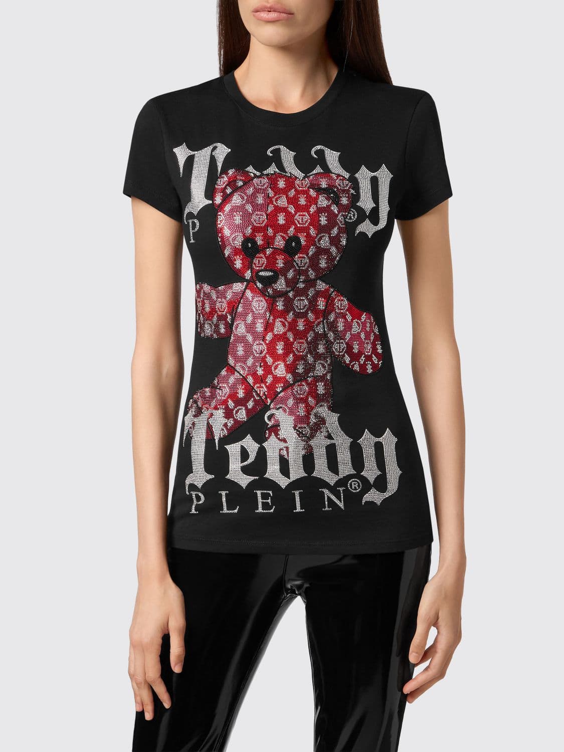 Philipp Plein Slim Fit Jersey T-shirt with Rhinestone Teddy Bear Graphic