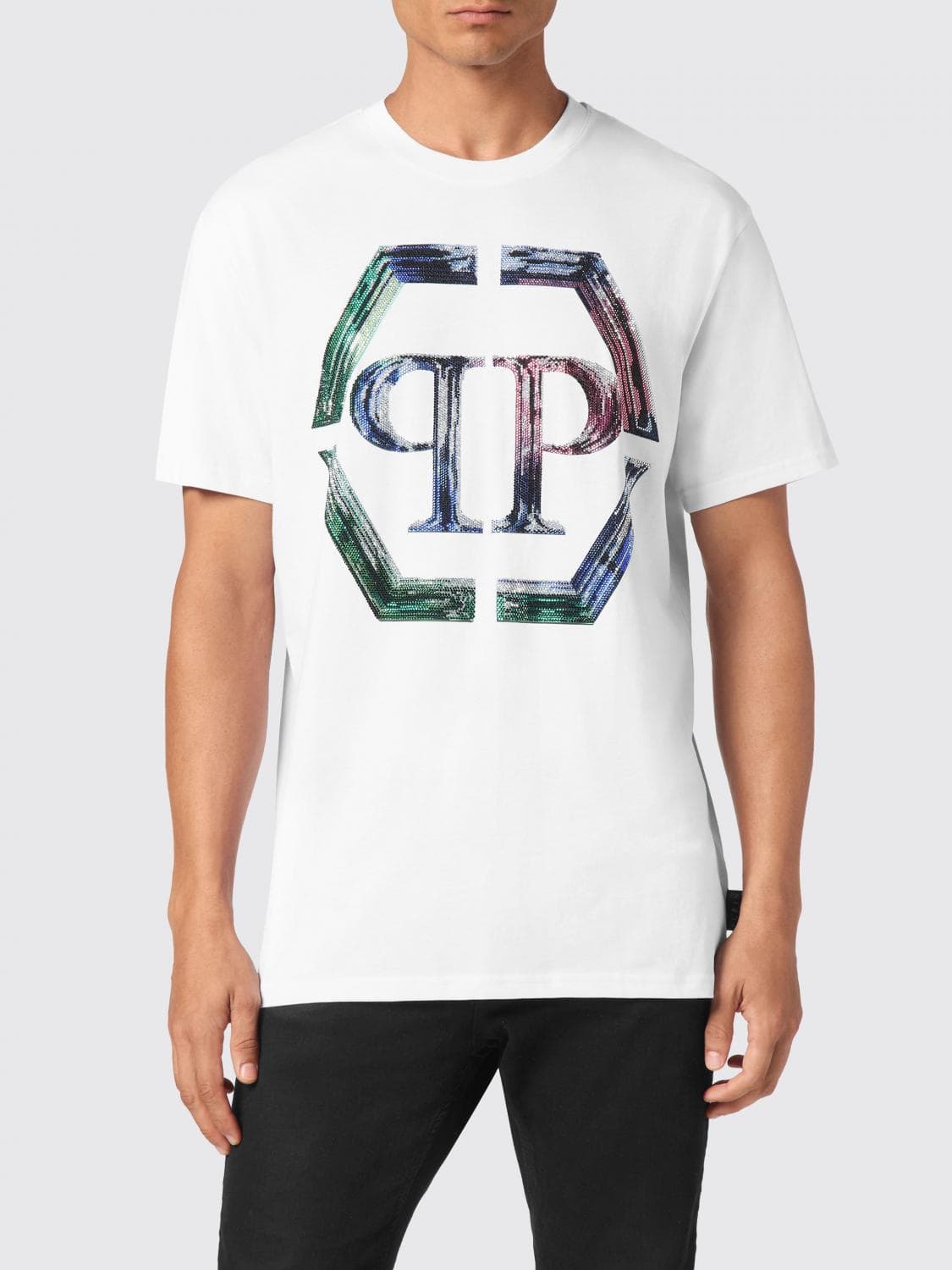 Philipp Plein Cotton T-Shirt with Monogram and Rhinestone Hexagon Logo