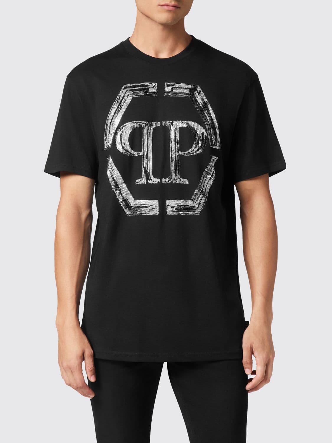 Philipp Plein Cotton T-Shirt with Monogram and Rhinestone Hexagon Logo