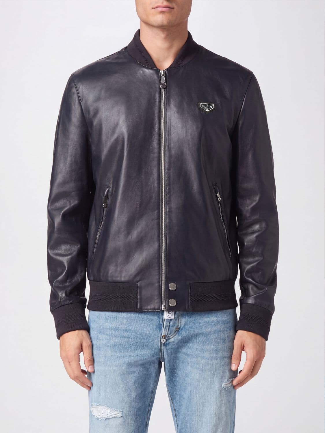 Philipp Plein Leather Bomber Jacket with College Collar and Zip Pockets