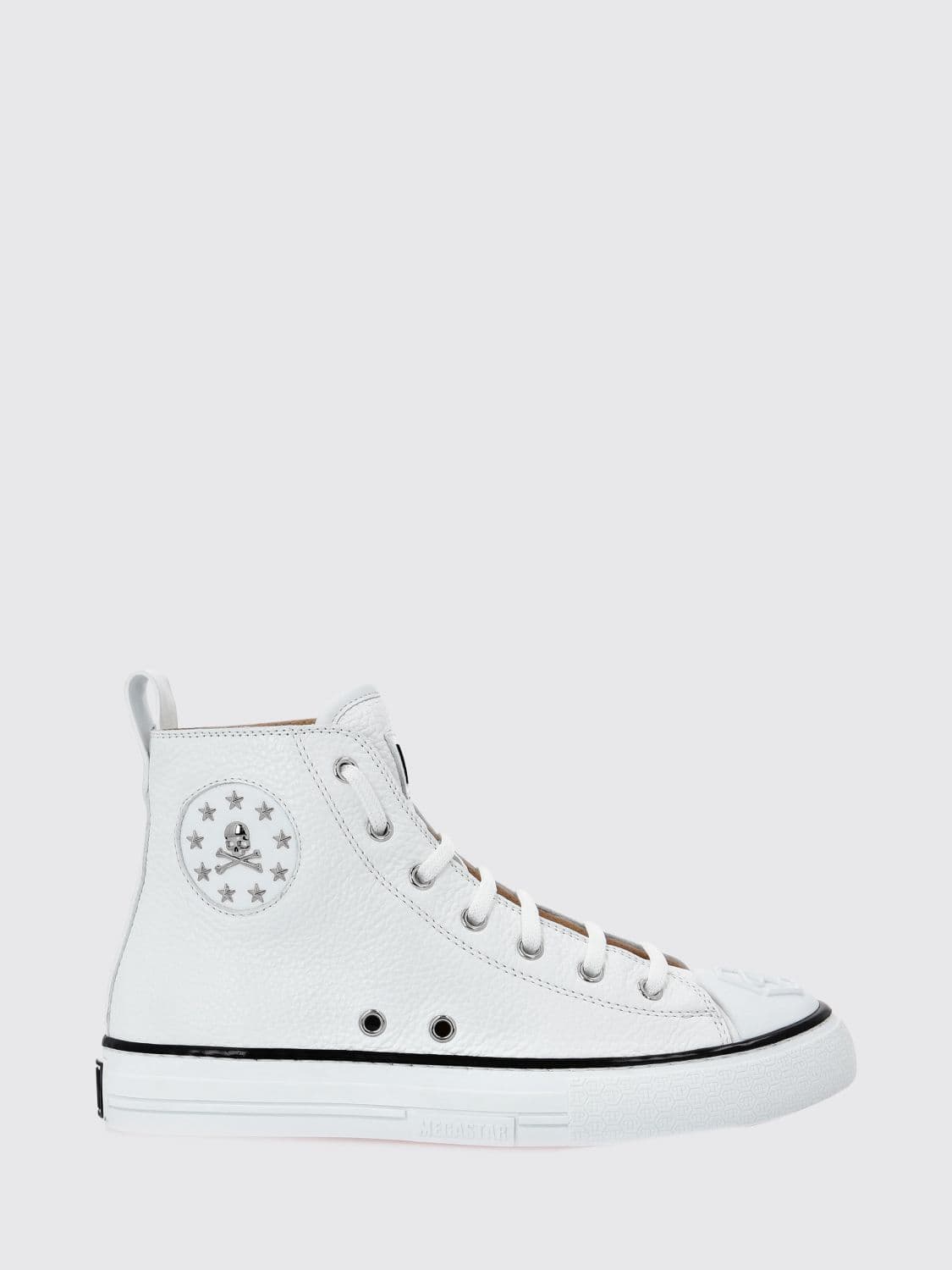 Philipp Plein High-Top Hammered Leather Sneakers with Skull and Star Print