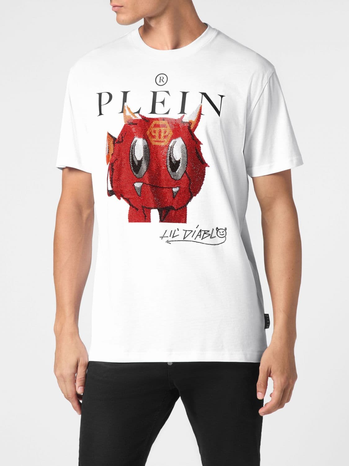 Philipp Plein Cotton T-Shirt with Graphic Print and Rhinestone Applications
