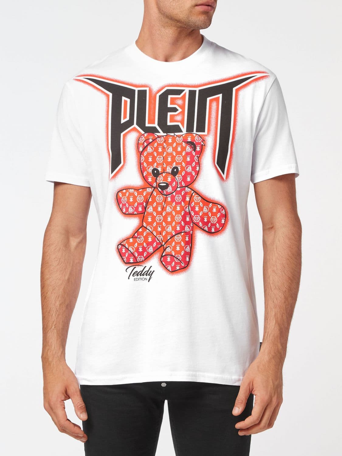 Philipp Plein Crew Neck Cotton T-Shirt with Contrast Teddy Bear Print