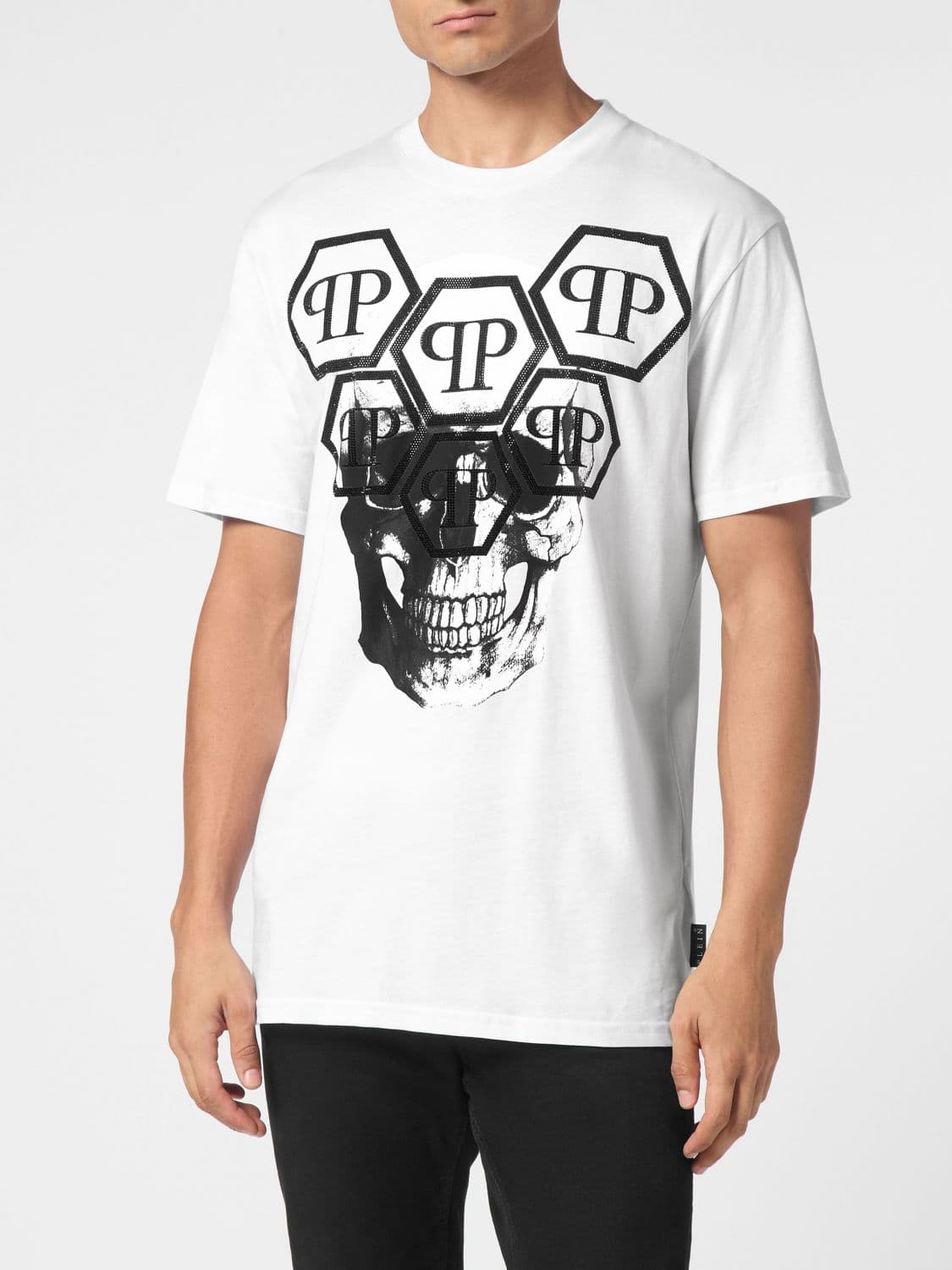Philipp Plein Cotton T-Shirt with Skull Print and Rhinestone Hexagon Logo