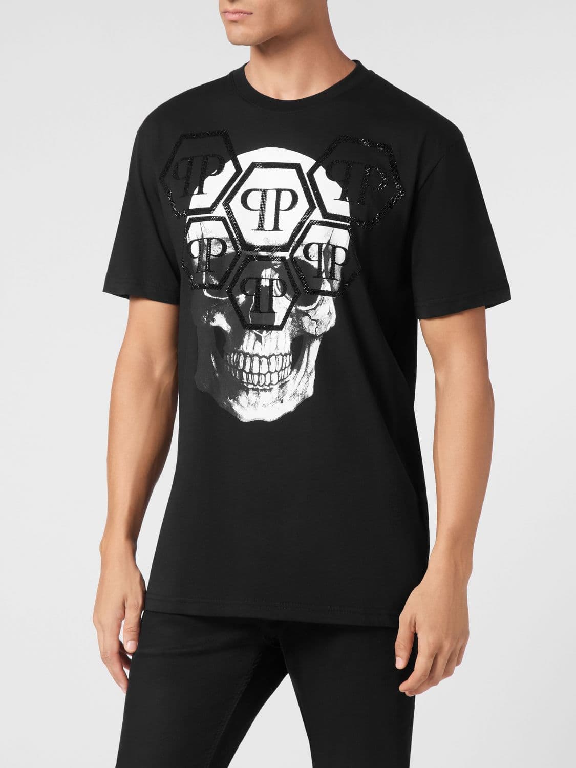 Philipp Plein Cotton T-Shirt with Skull Print and Rhinestone Hexagon Logo