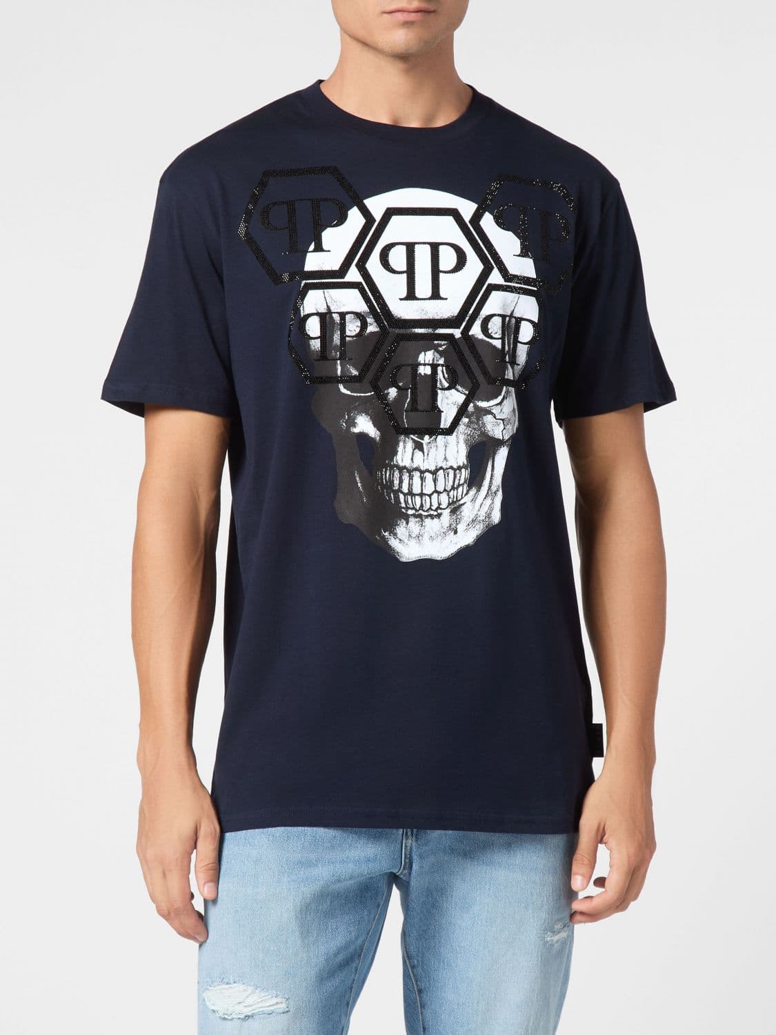 Philipp Plein Cotton T-Shirt with Skull Print and Rhinestone Hexagon Logo