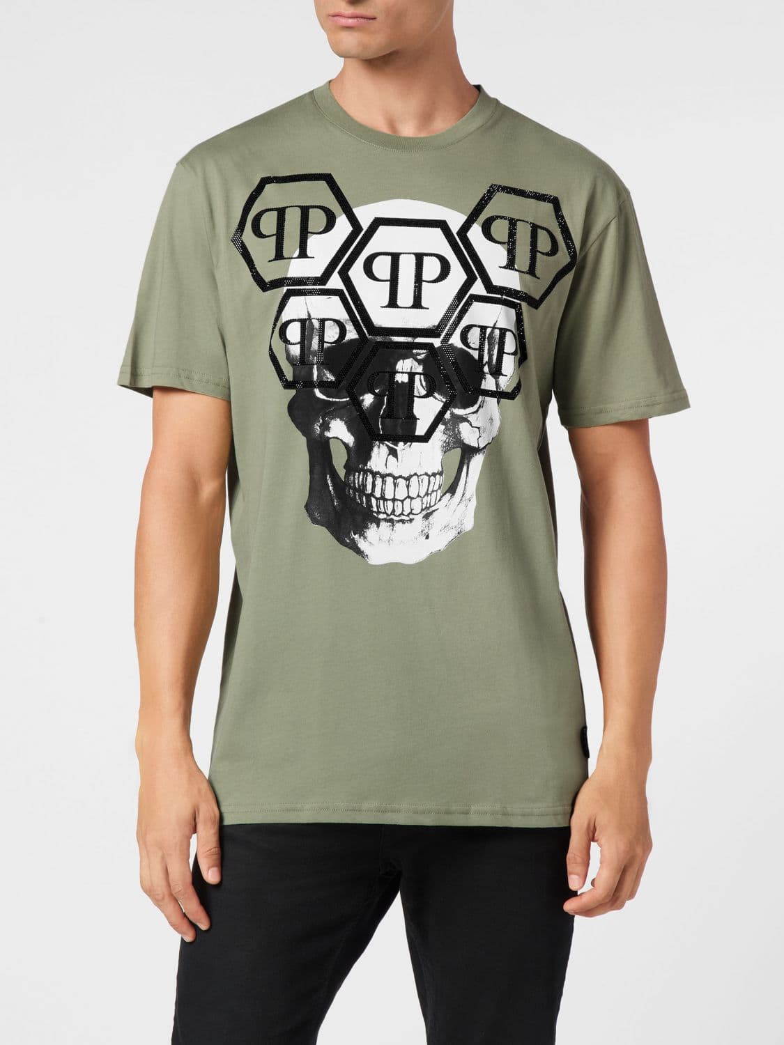 Philipp Plein Cotton T-Shirt with Skull Print and Rhinestone Hexagon Logo