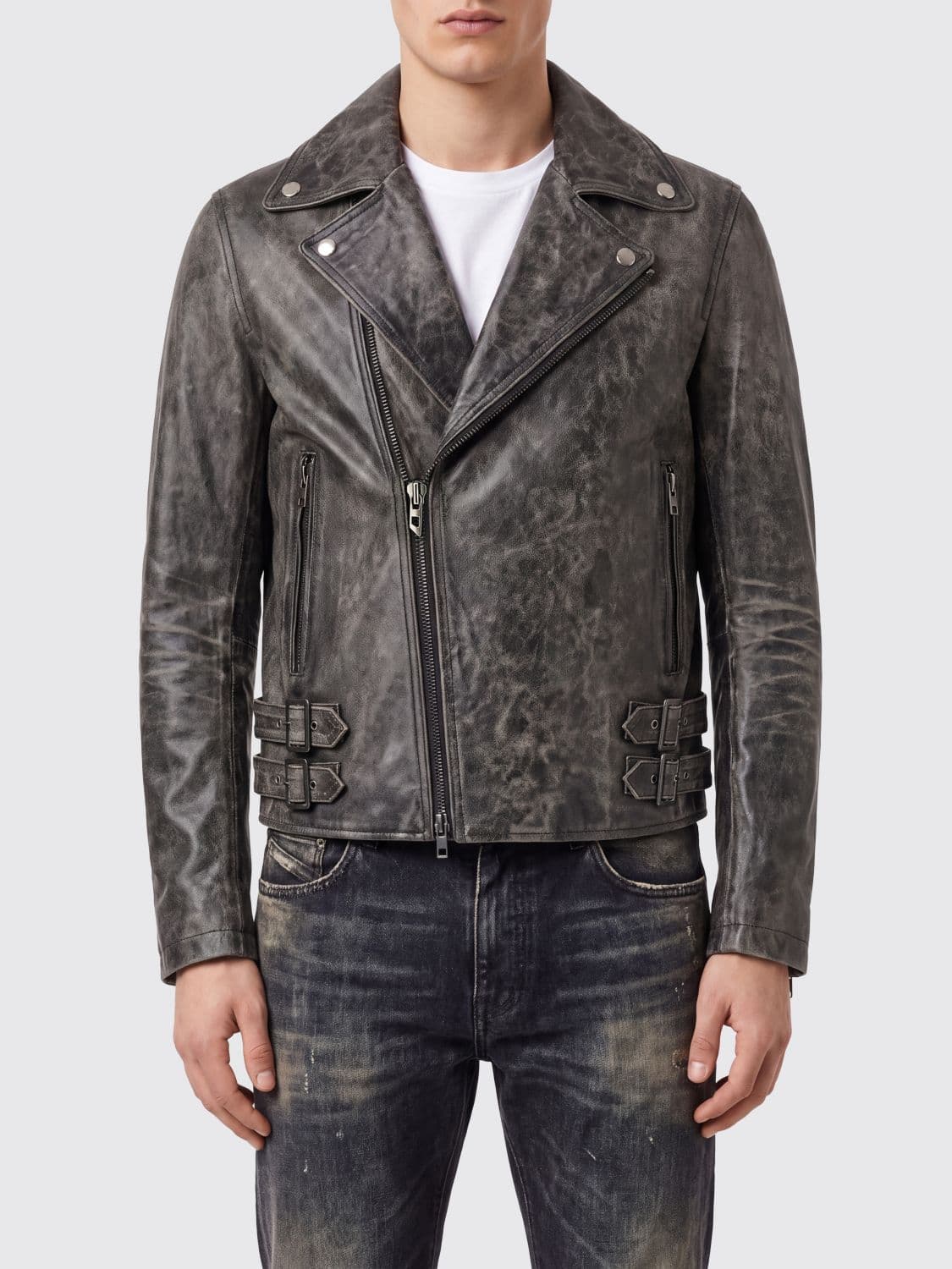 Diesel L-Eon-CJCM Distressed-Effect Leather Biker Jacket with Buckle