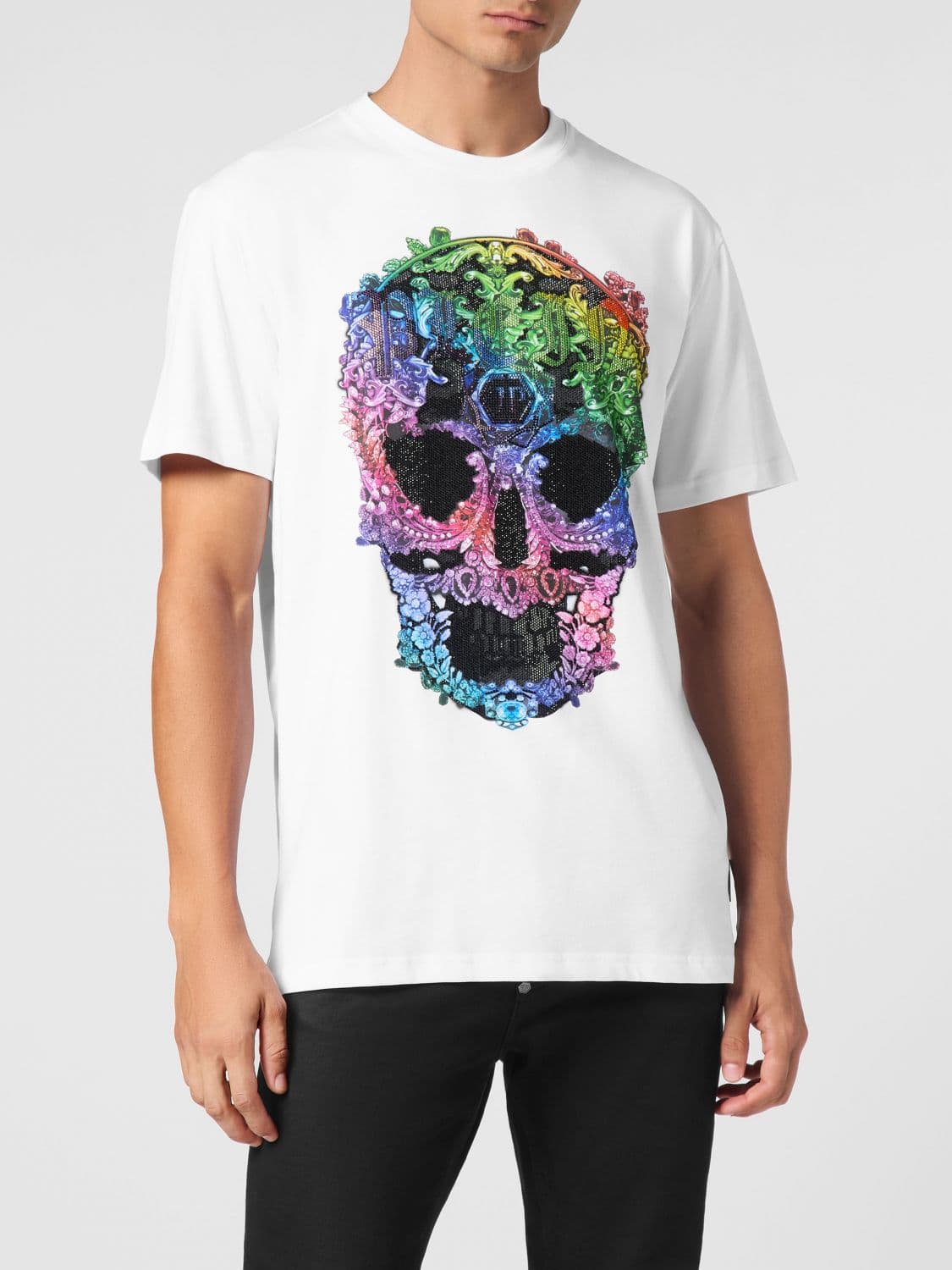 Philipp Plein Cotton T-Shirt with Skull Print and Applied Crystals