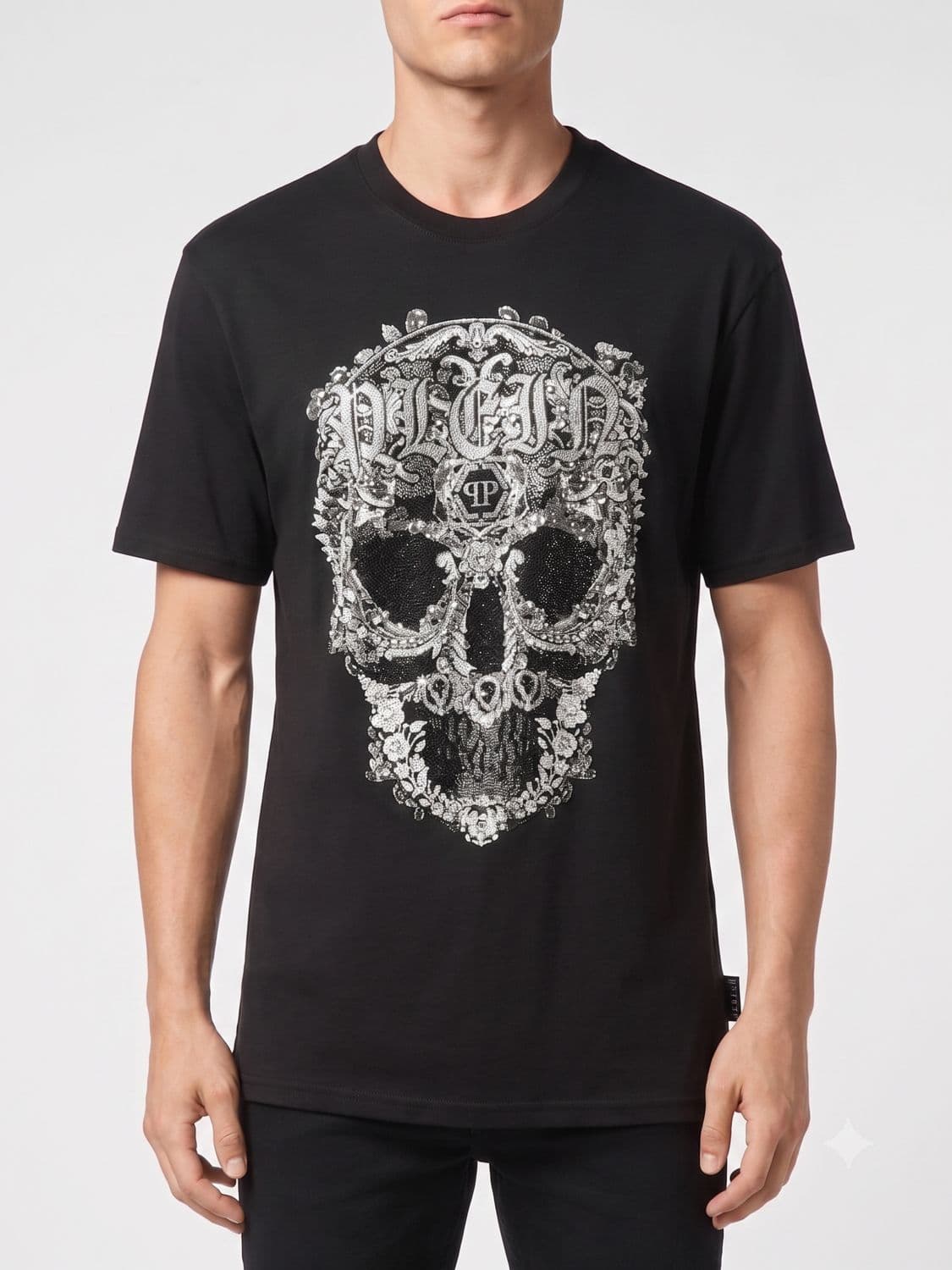 Philipp Plein Cotton T-Shirt with Skull Print and Applied Crystals