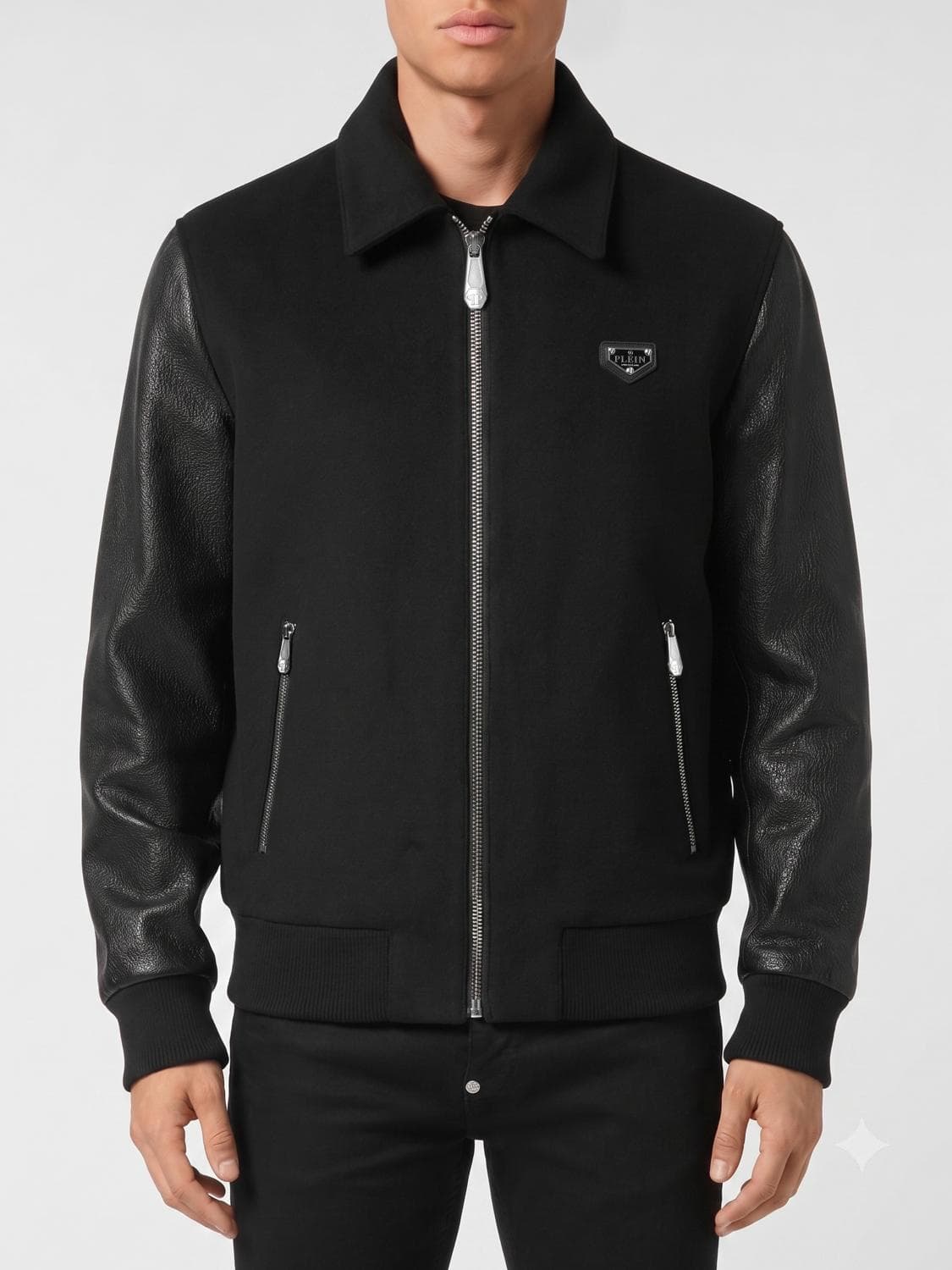 Philipp Plein Smooth Lambskin Leather Bomber Jacket with Classic Collar