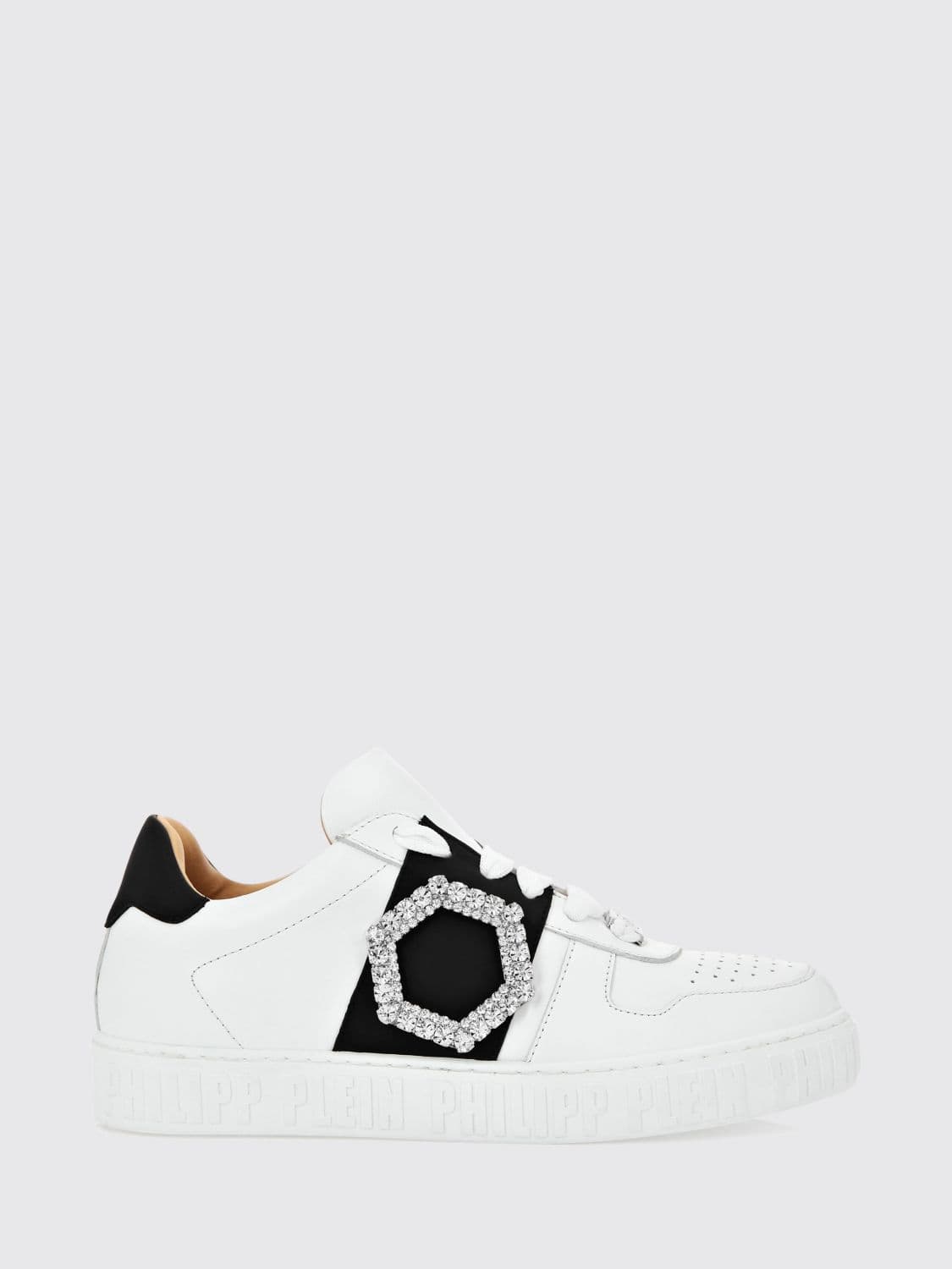 Philipp Plein Low-Top Smooth Leather Sneakers with Jewel Buckle and Engraved Logo