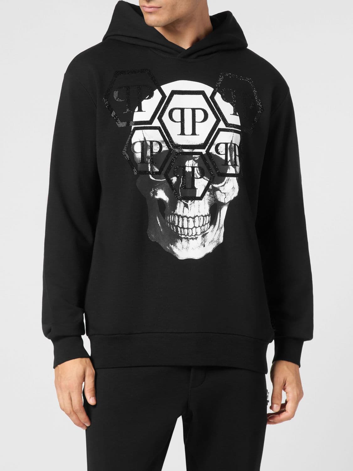Philipp Plein Cotton Hoodie with Skull Print and Rhinestone Logo