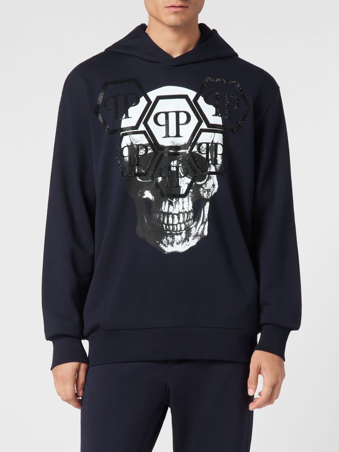 Philipp Plein Cotton Hoodie with Skull Print and Rhinestone Logo