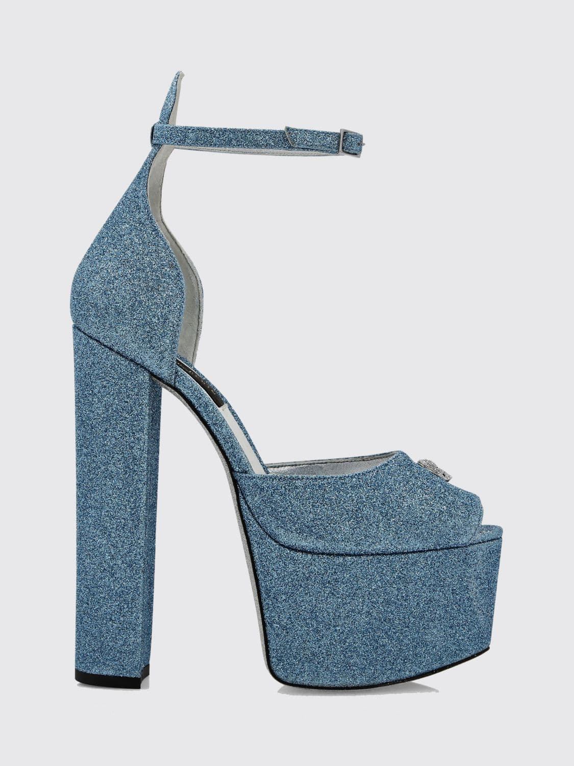 Philipp Plein Glitter Leather Platform Sandals with High Heel and Skull