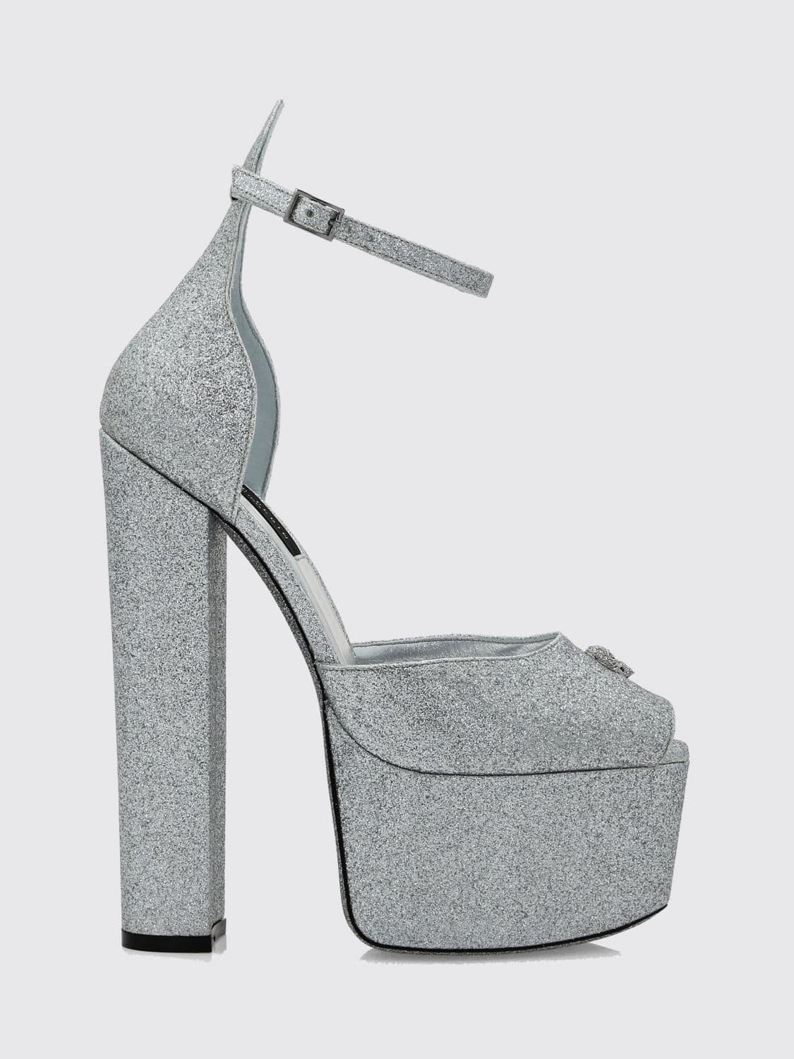 Philipp Plein Glitter Leather Platform Sandals with High Heel and Skull