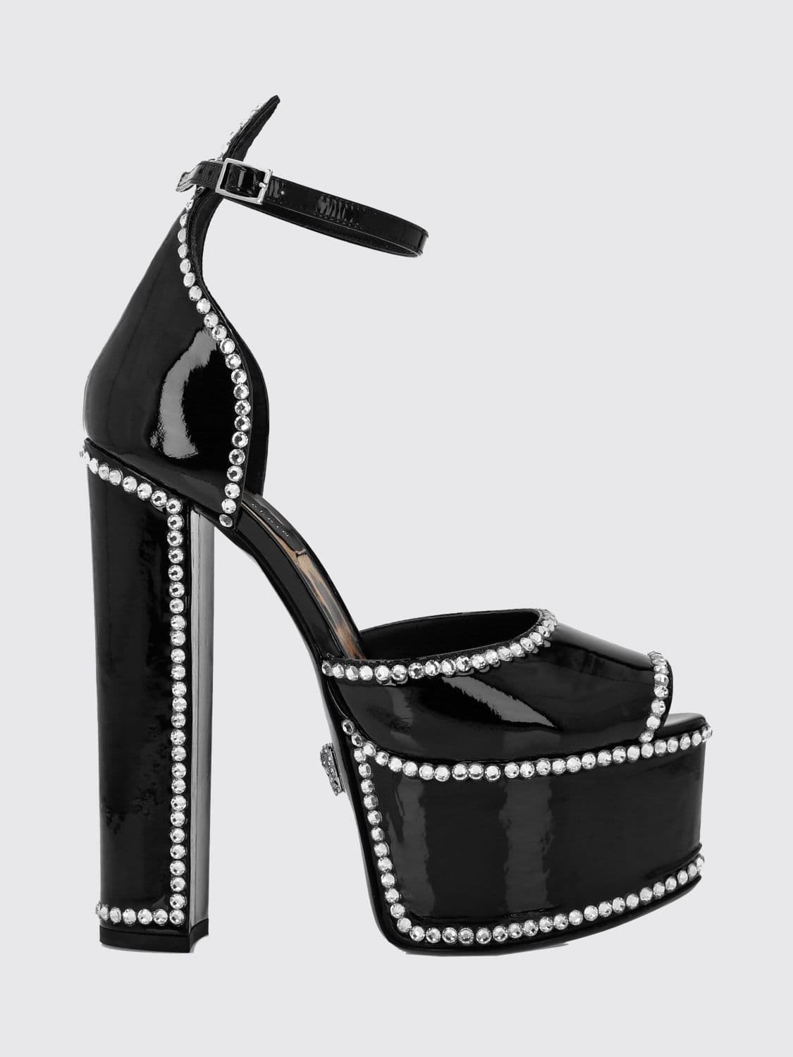 Philipp Plein Patent Leather Platform Sandals with High Heel and Rhinestones