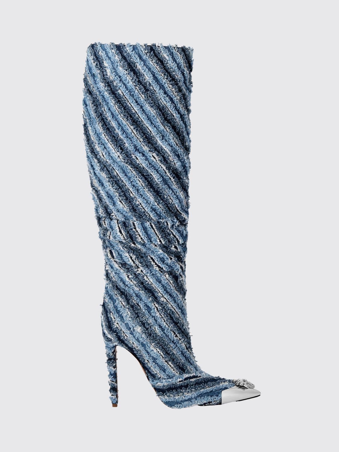 Philipp Plein Bicolour Striped Denim Knee-High Boots with Crystals