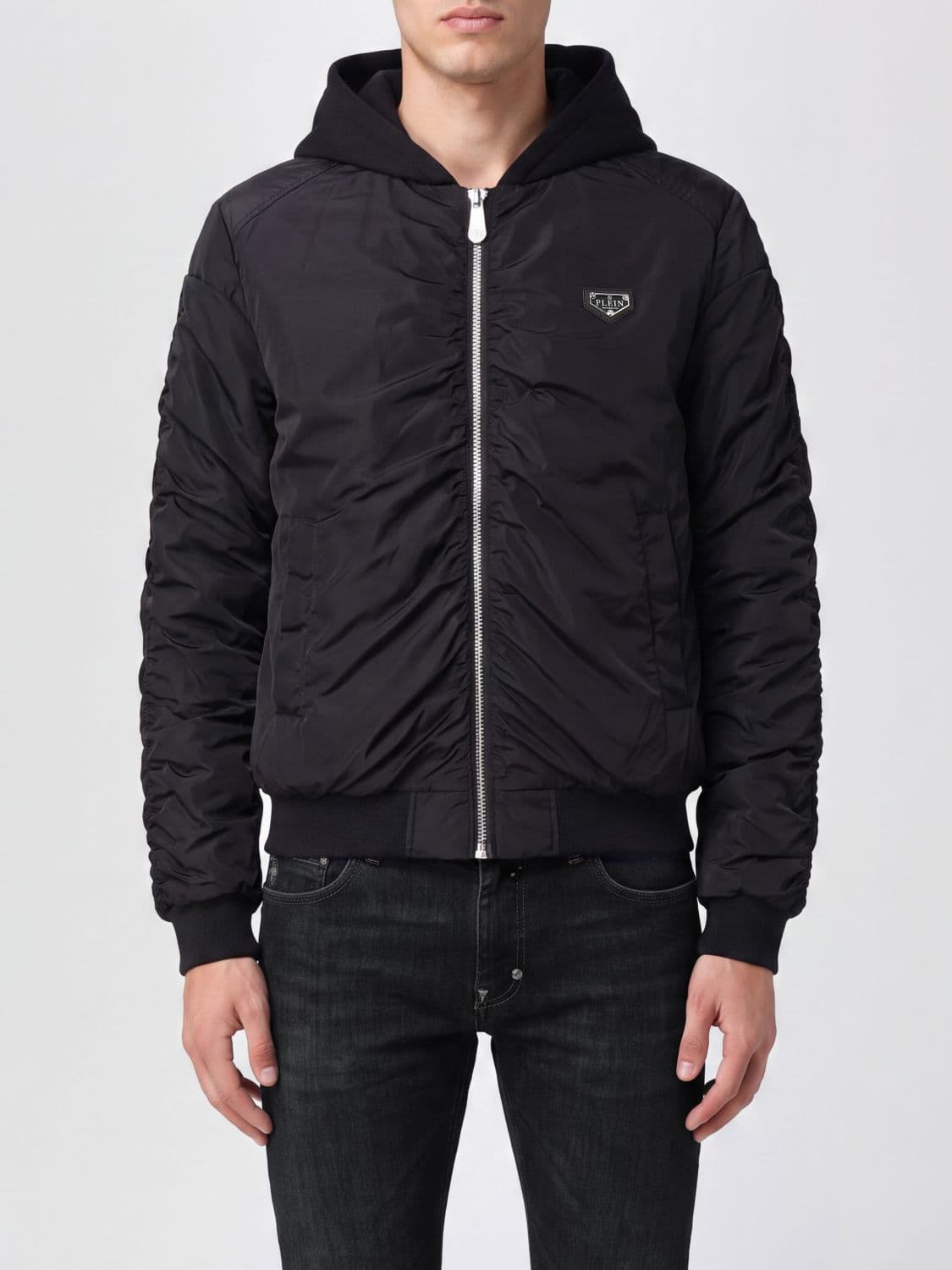 Philipp Plein Polyester Windbreaker Jacket with Hood and Zip Closure
