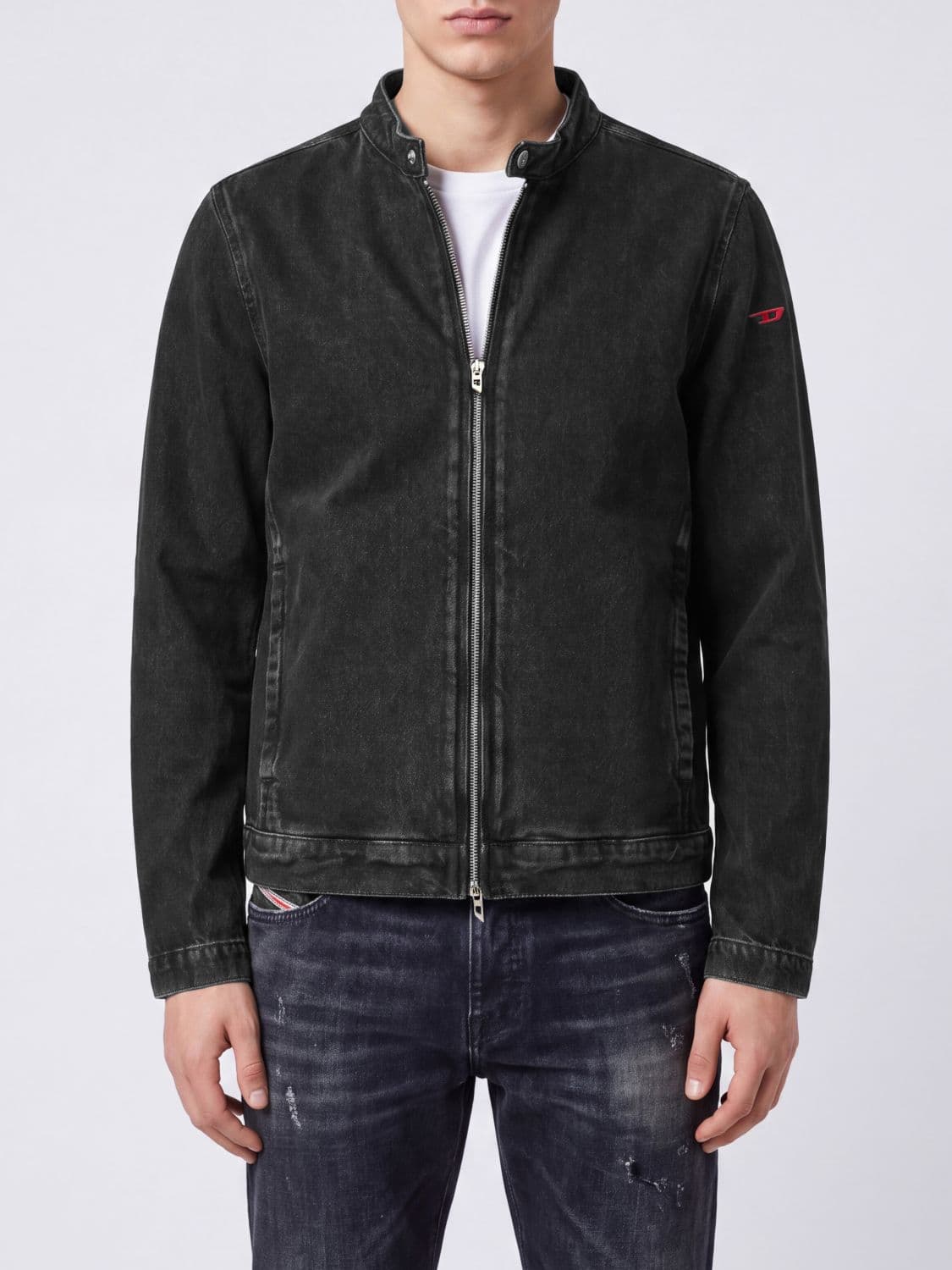 Diesel D-Glory Denim Jacket with Biker Collar and Embroidered Oval D Logo