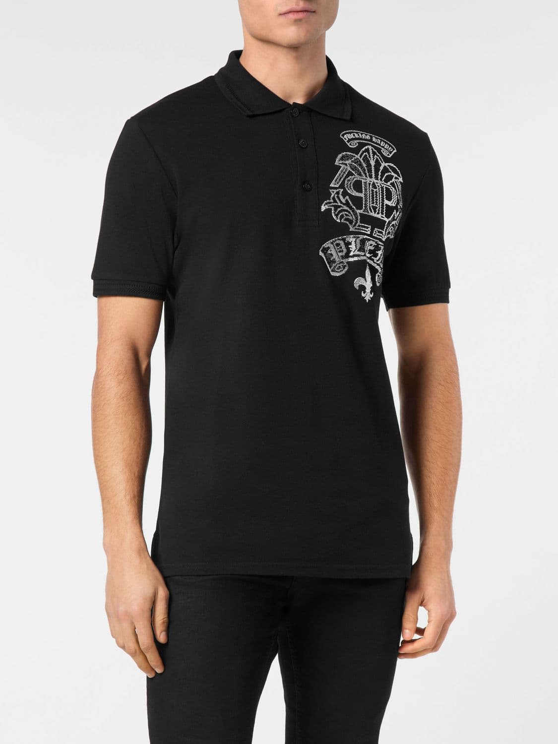 Philipp Plein Short-Sleeved Cotton Polo Shirt with Rhinestone Hexagon Logo