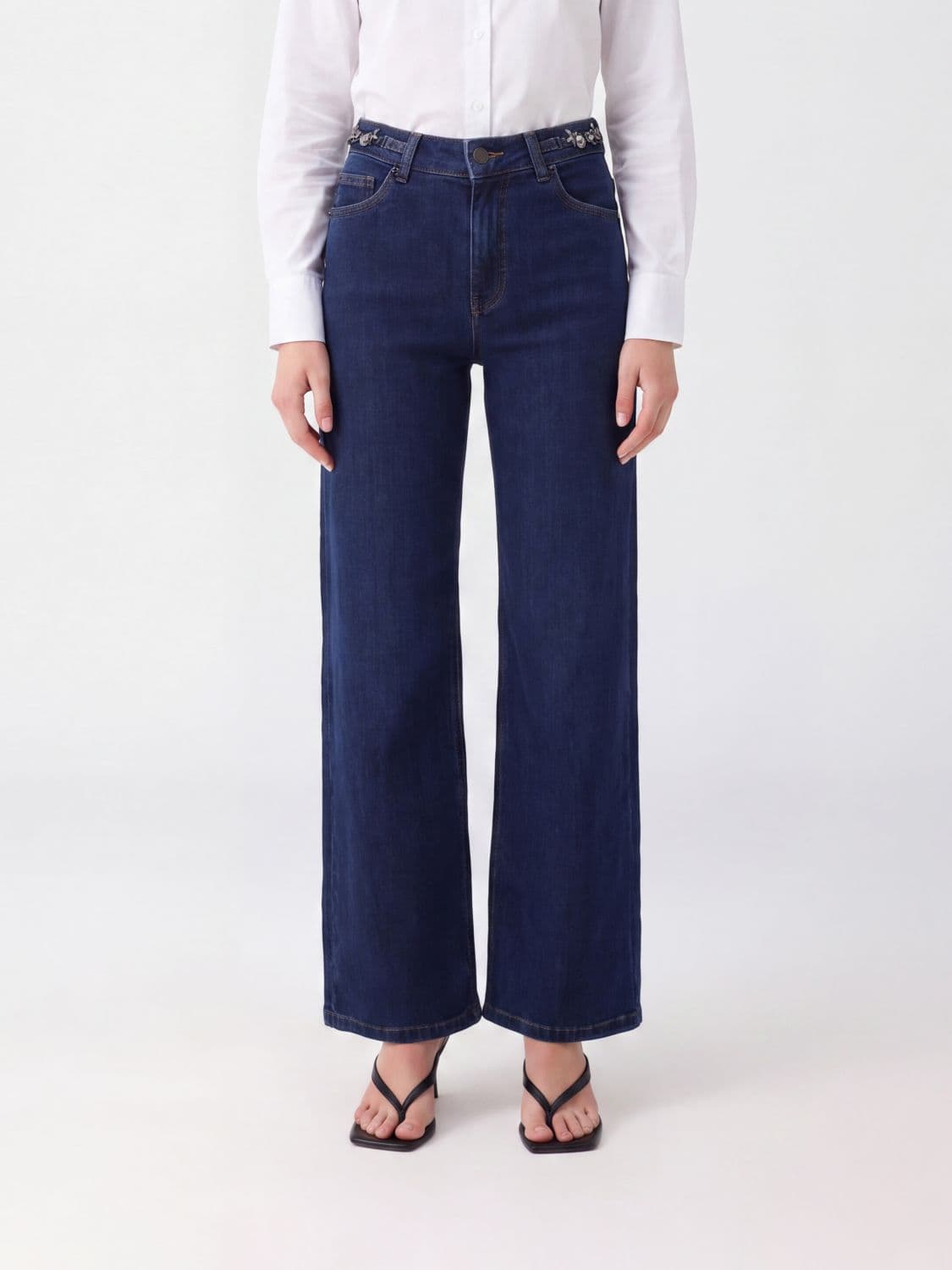 Liu Jo High-Waisted Wide-Leg Jeans in Denim with Rhinestone Embellishments