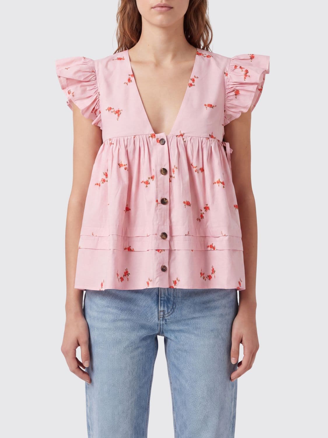Ganni Sleeveless Floral Embroidered Stretch Cotton Top with Ruffled V-Neck