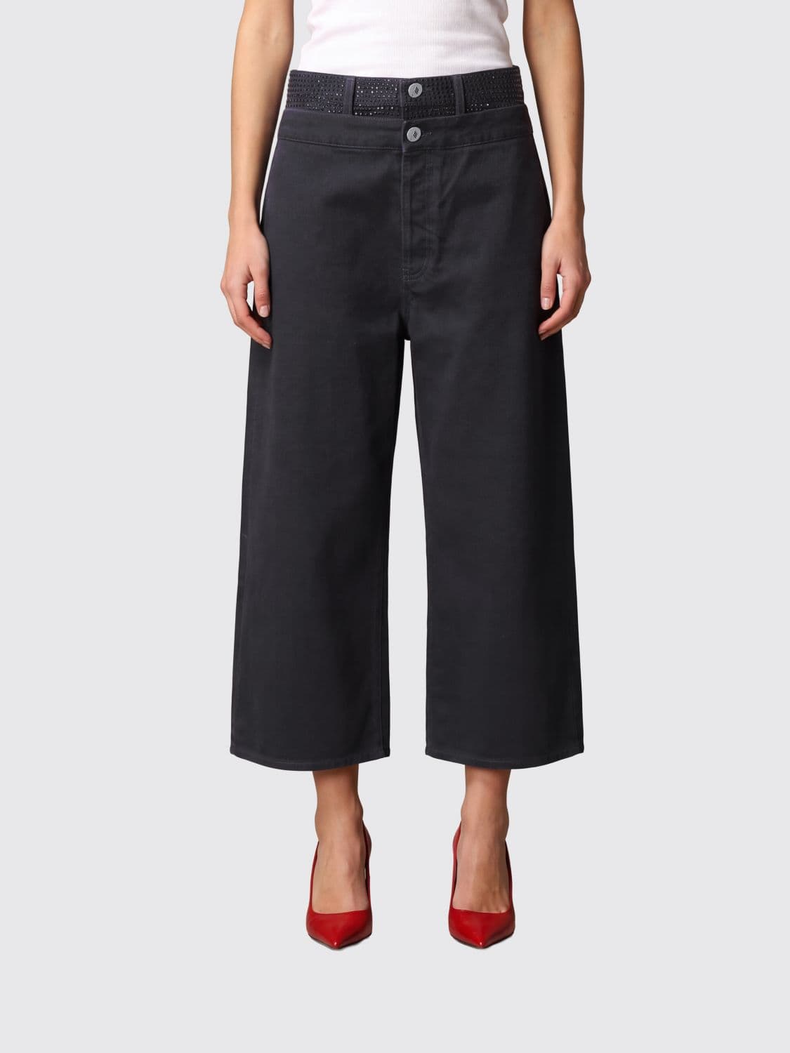 The Attico High-Waisted Cropped Jeans in Denim with Rhinestone Embellishments