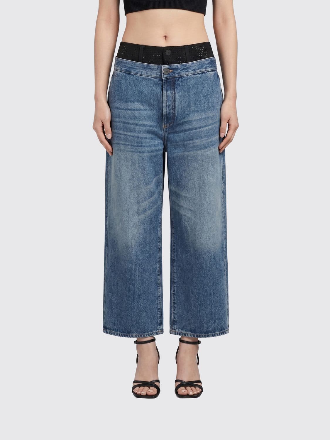 The Attico High-Waisted Cropped Wide-Leg Jeans with Rhinestones and Double-Layer Design