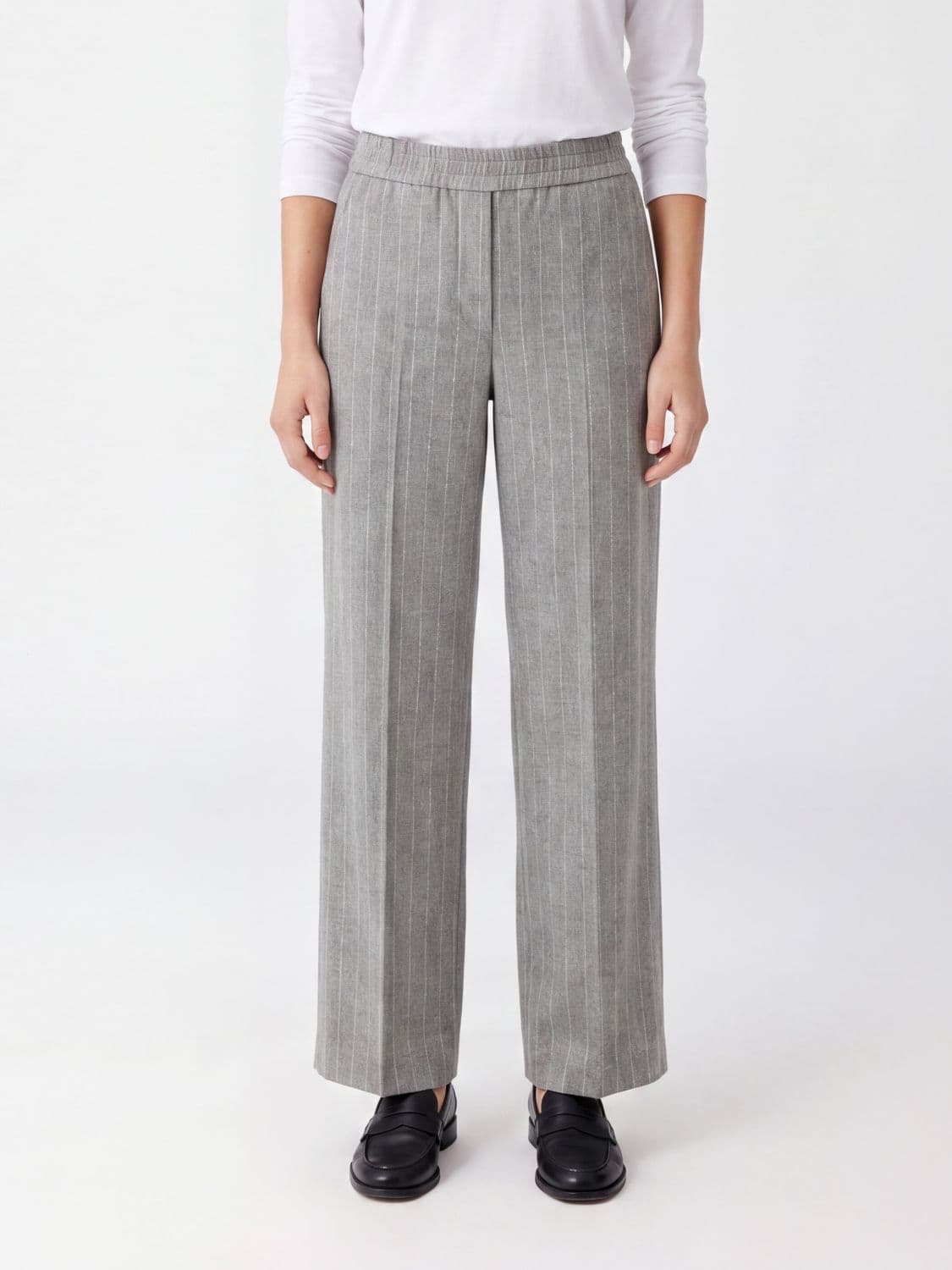 Brunello Cucinelli Pinstripe Wide-Leg Wool Blend Trousers with Sequins