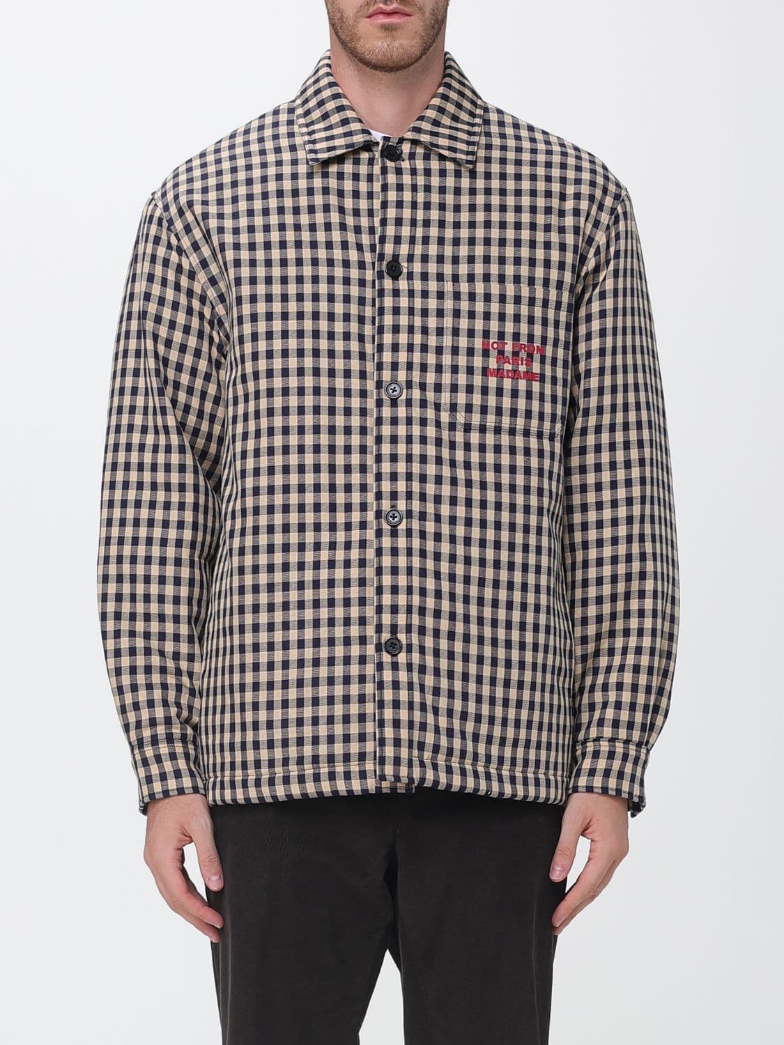 Drôle De Monsieur Checkered Cotton Shirt Jacket with Slogan Print