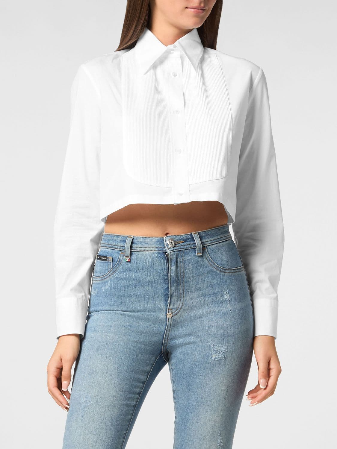 Philipp Plein Cropped Cotton Shirt with Plastron and V-Back Detail