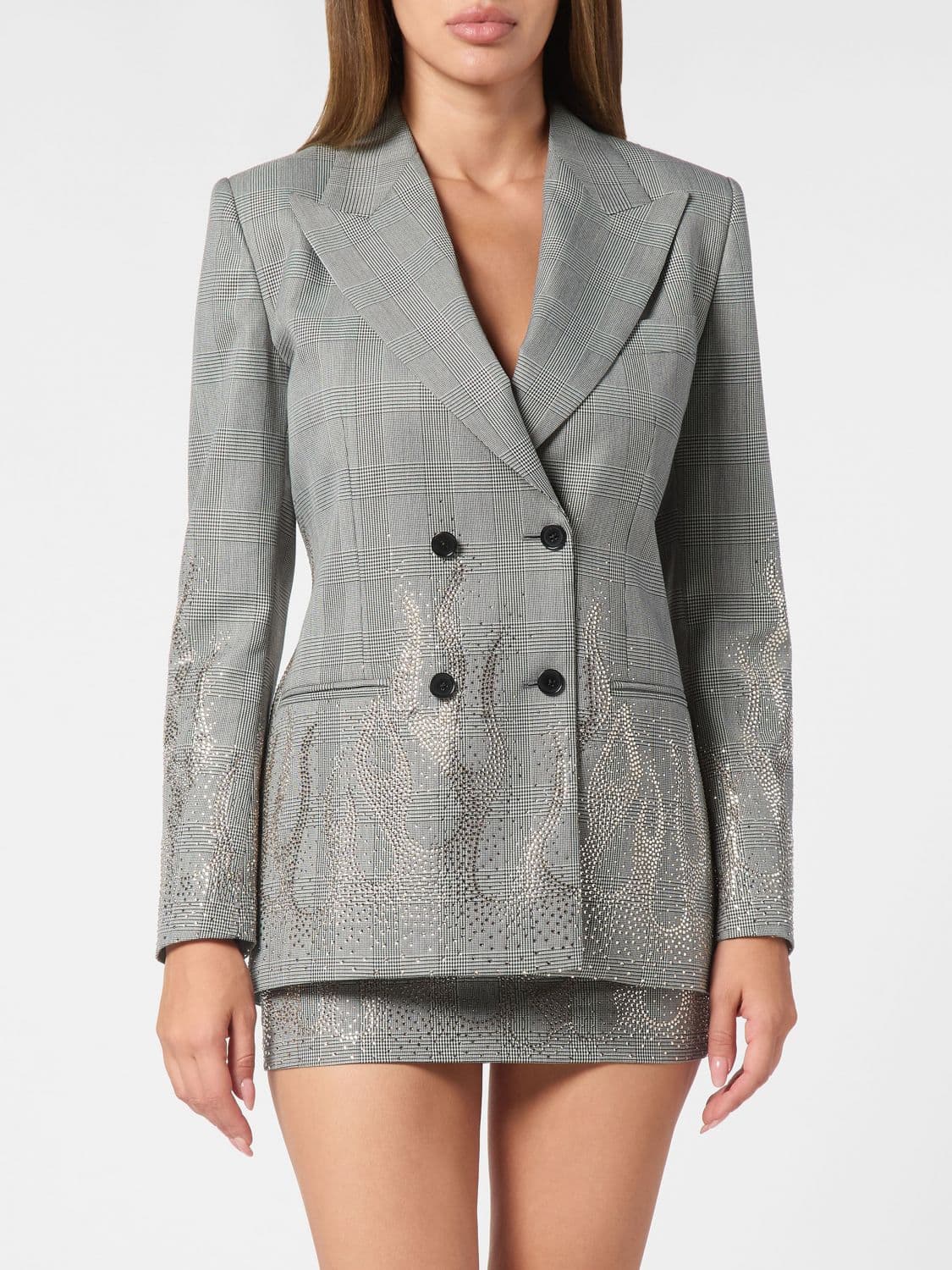 Philipp Plein Double-Breasted Check Blazer with Crystal Embellishment