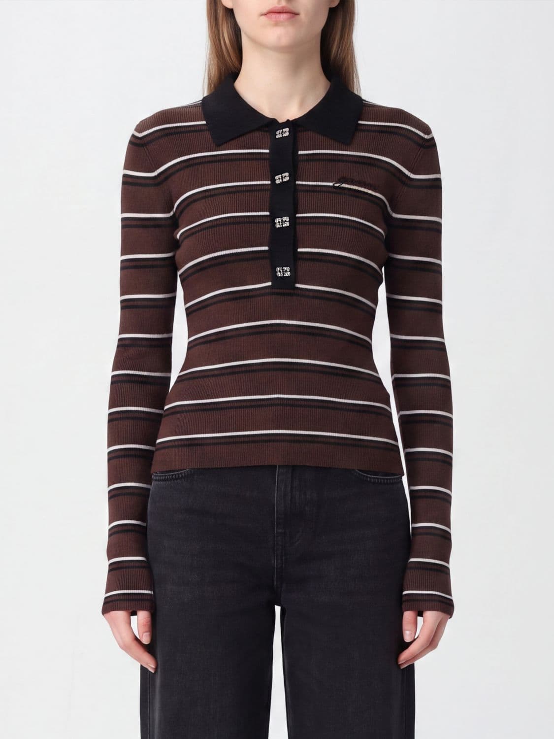 Ganni Striped Long-Sleeve Knit Polo in Pure Wool with a Slim Fit