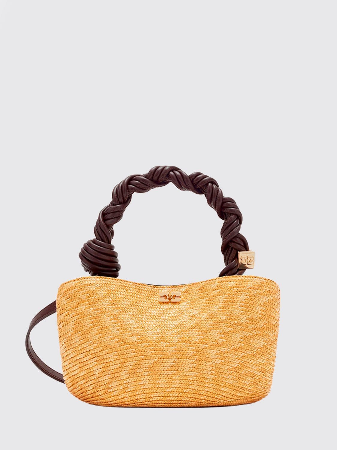 Ganni Mini Bou Raffia Handbag with Woven Handle and Shoulder Strap
