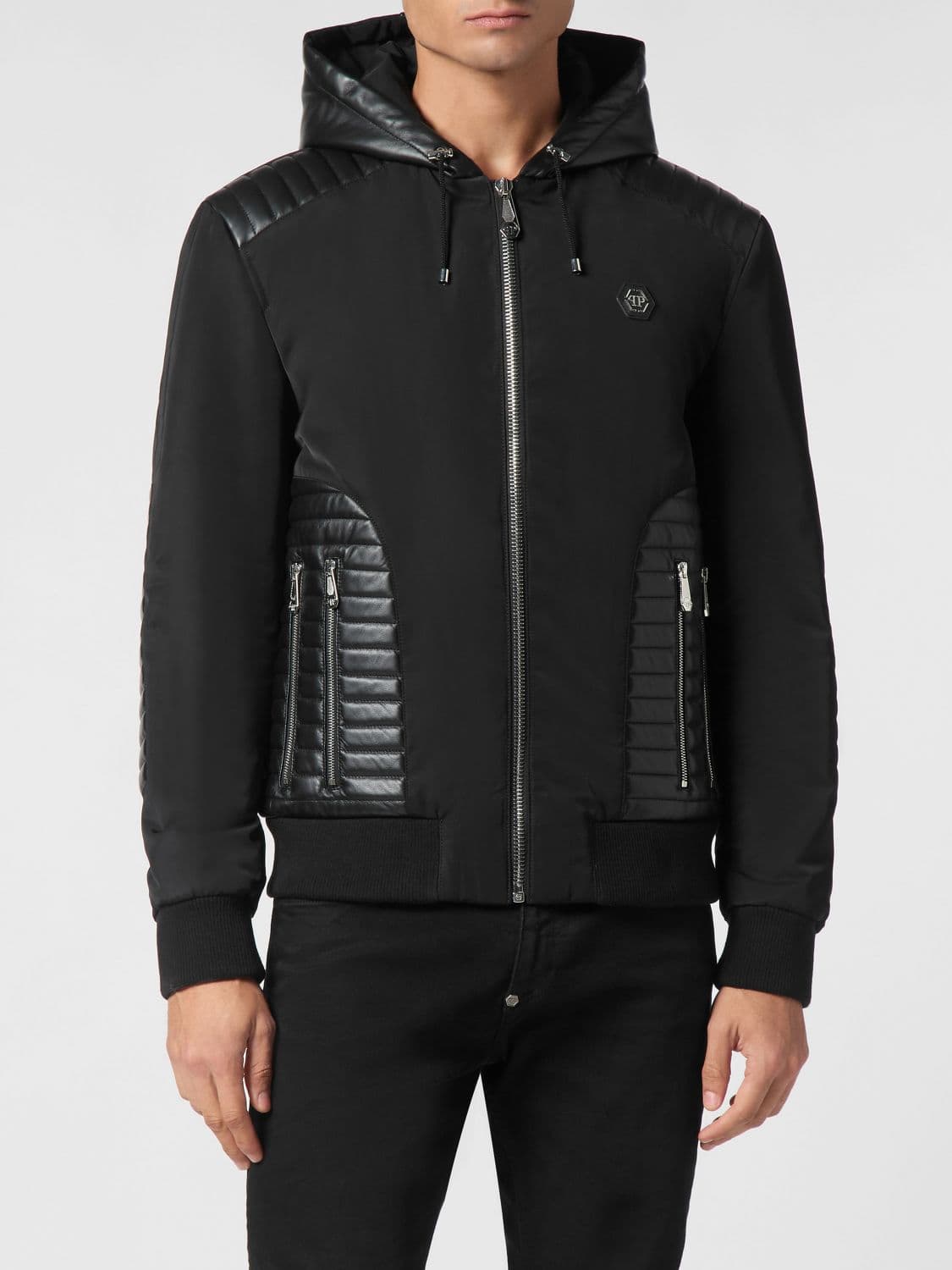 Philipp Plein Leather and Polyester Bomber Jacket with Hood and Hexagon Logo