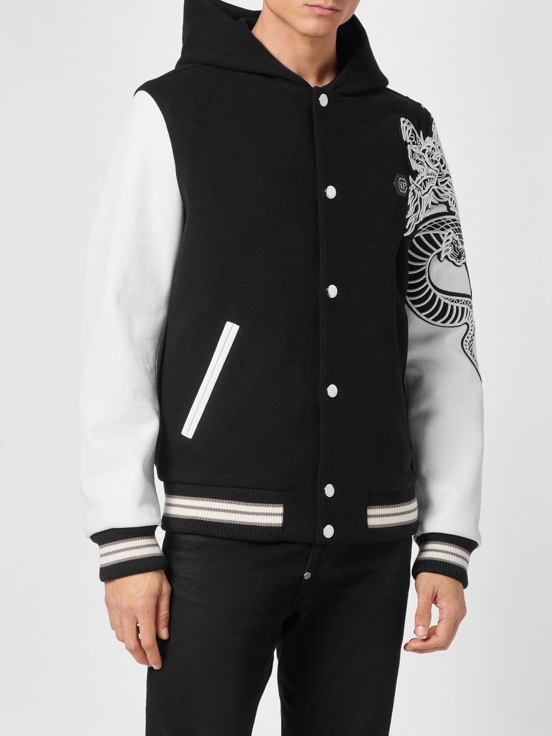 Philipp Plein Varsity Bomber Jacket in Viscose and Polyester with Graphic Print