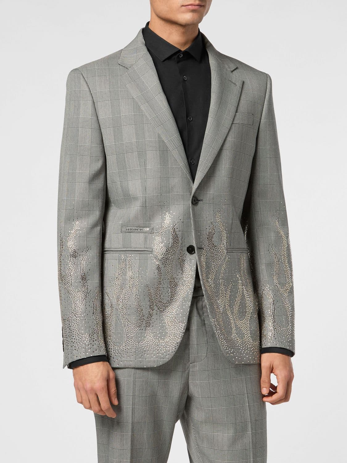 Philipp Plein Prince of Wales Wool Blazer with Applied Crystals