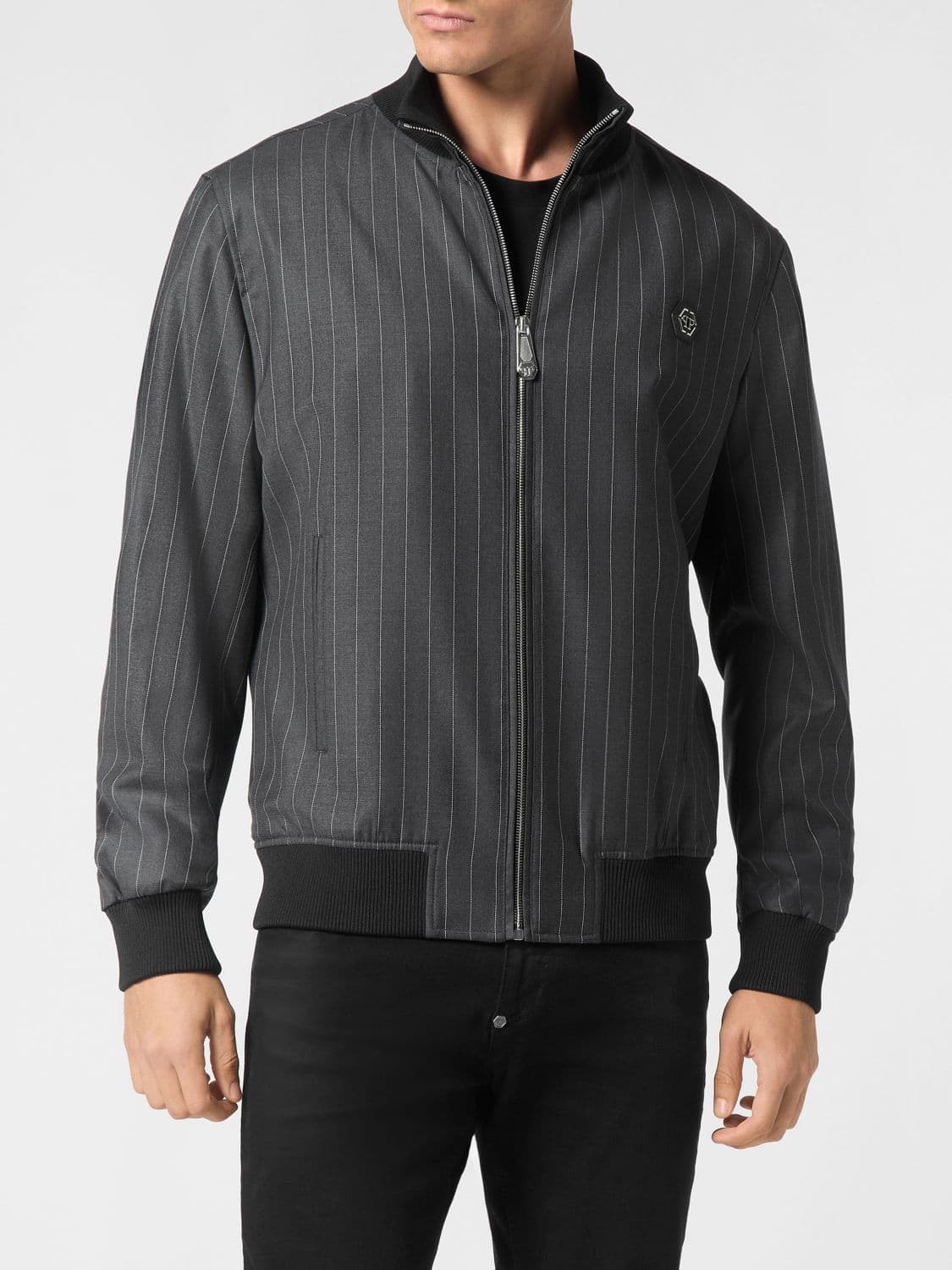Philipp Plein Pinstripe Virgin Wool Varsity Bomber Jacket with Hexagon Logo