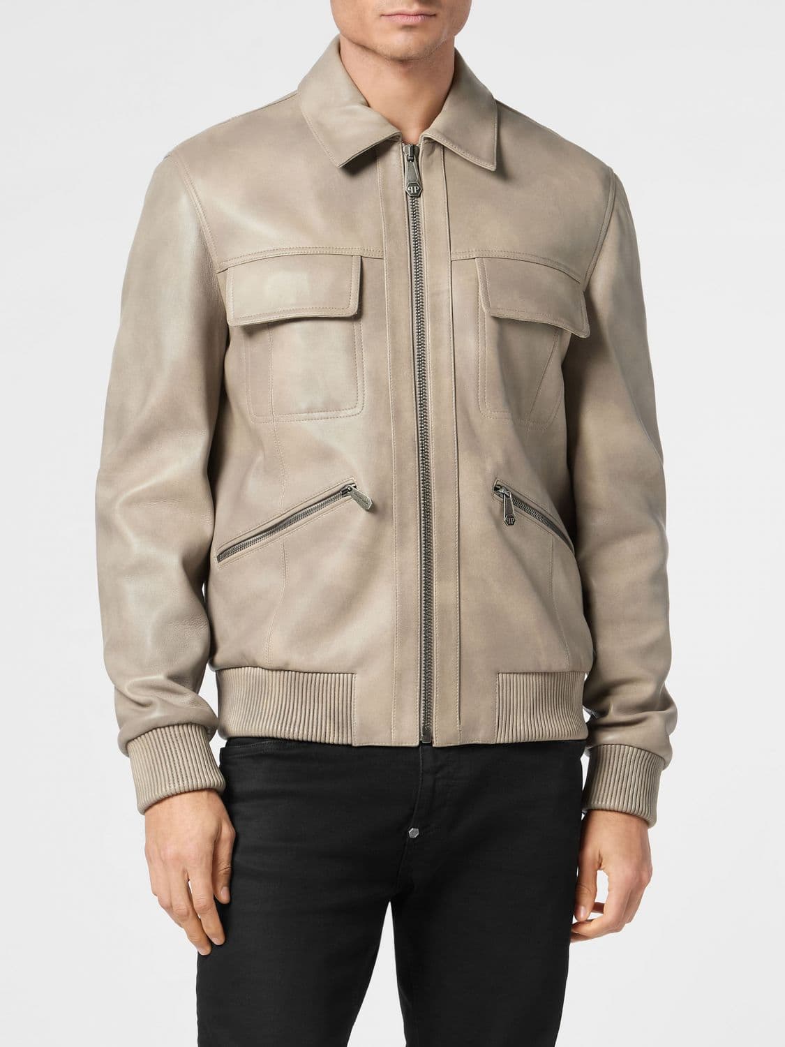 Philipp Plein Leather Bomber Jacket with Classic Collar and Patch Pockets