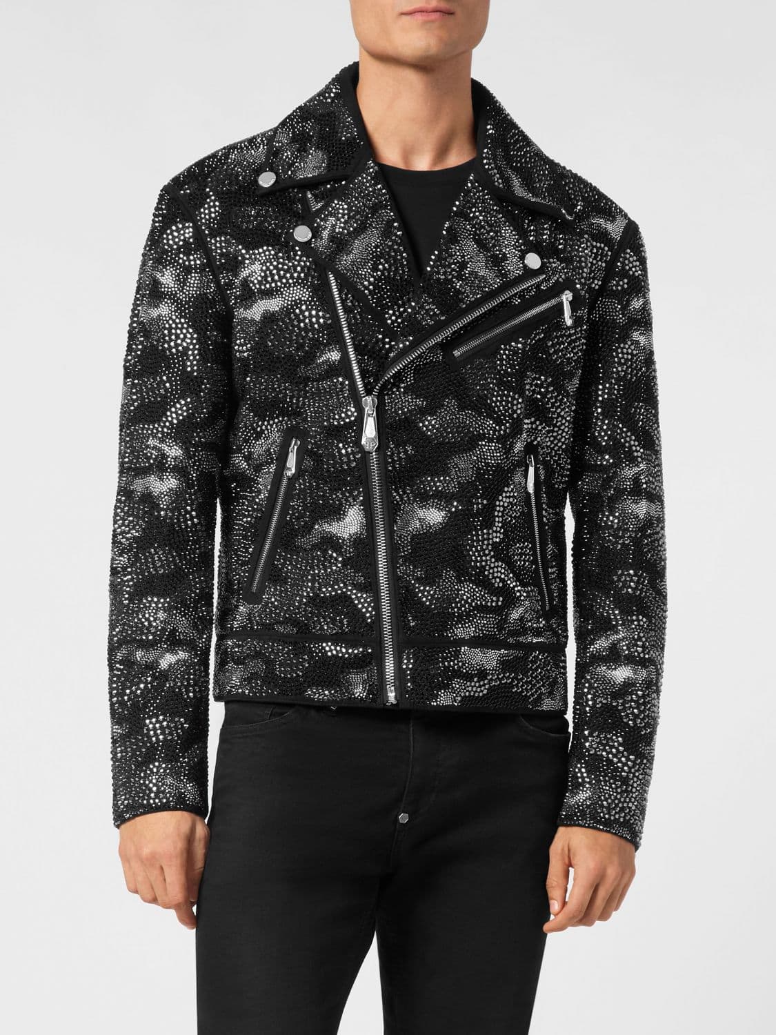 Philipp Plein Lambskin Biker Jacket with Crystal Embroidery