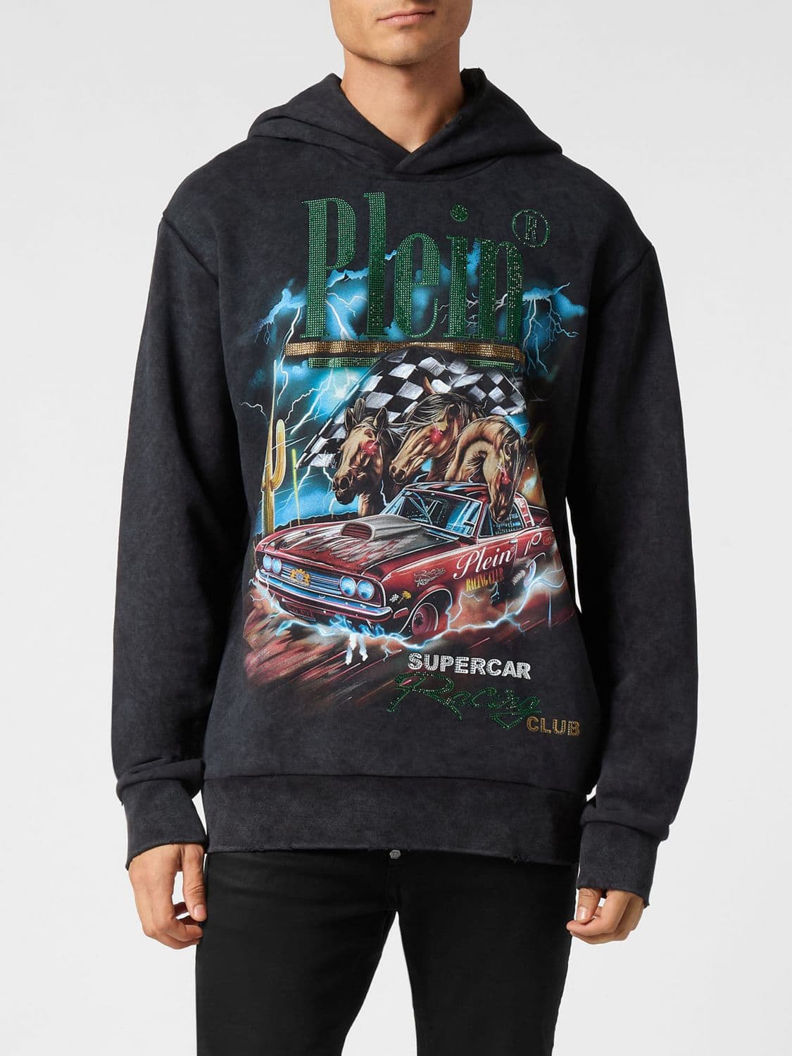 Philipp Plein Relaxed Fit Cotton Hoodie with Rhinestone Logo
