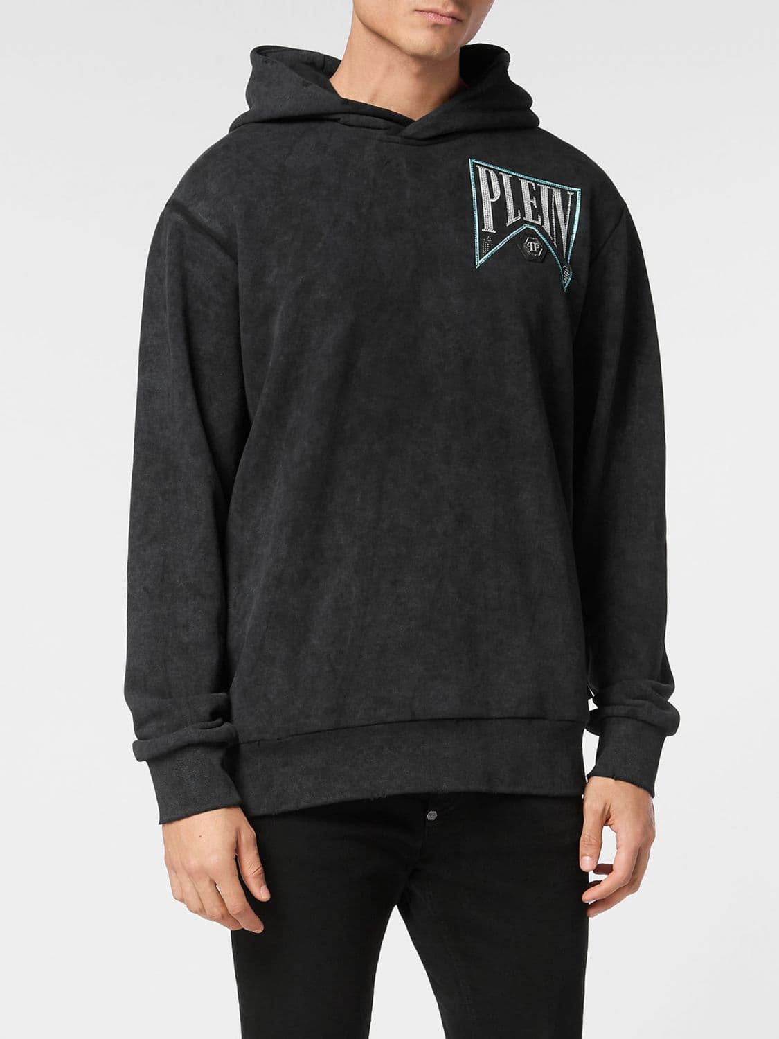 Philipp Plein Cotton Hoodie with Rhinestone Logo and Dropped Shoulders
