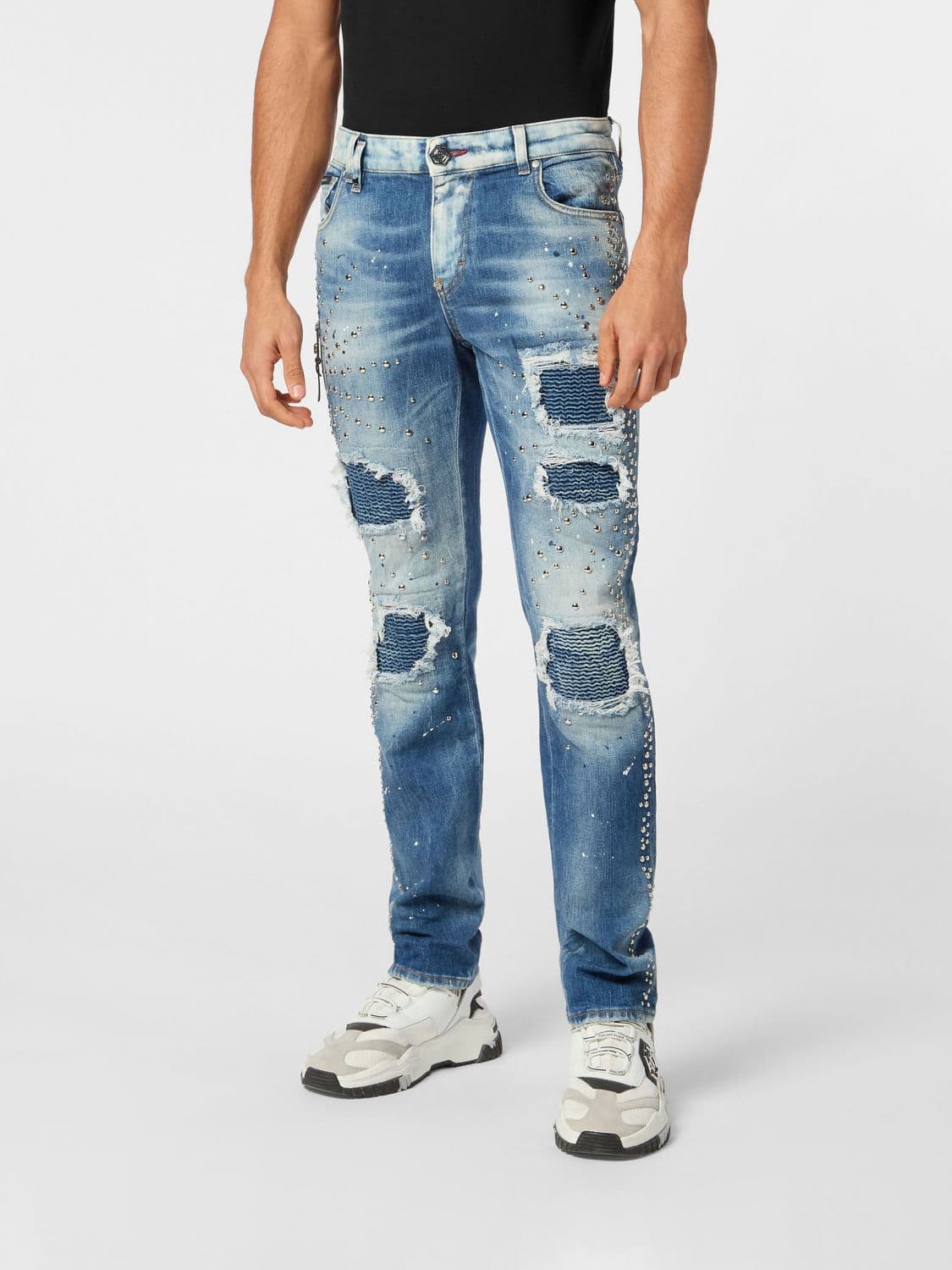 Philipp Plein Slim Fit Distressed Stretch Denim Jeans with Hexagon Logo