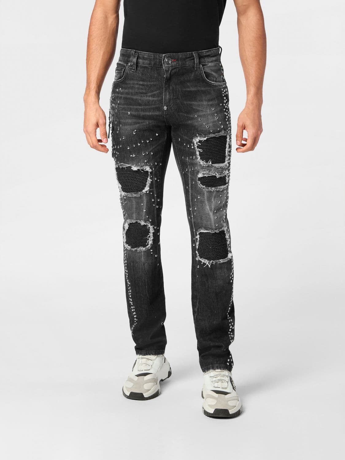 Philipp Plein Slim Fit Distressed Stretch Denim Jeans with Hexagon Logo