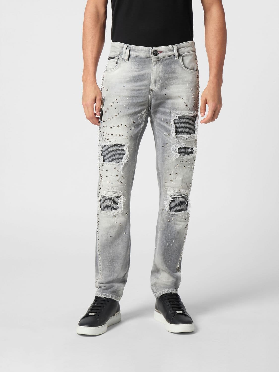 Philipp Plein Slim Fit Distressed Stretch Denim Jeans with Hexagon Logo