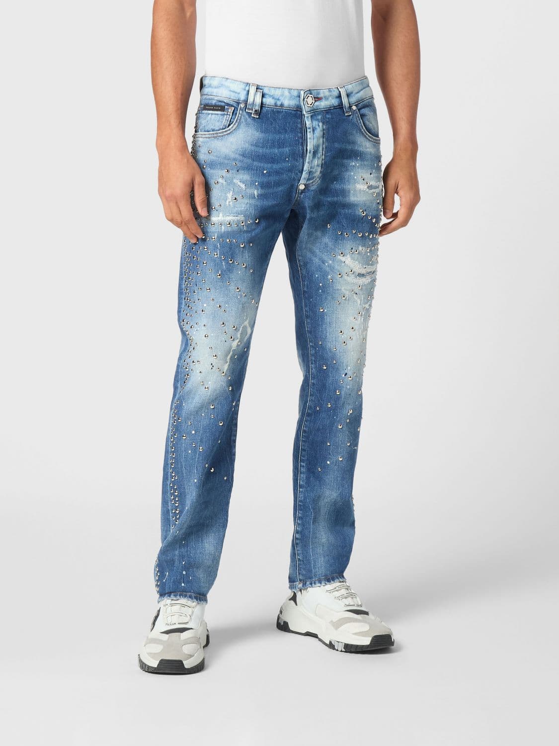 Philipp Plein Skinny Fit Distressed Stretch Denim Jeans with Studs